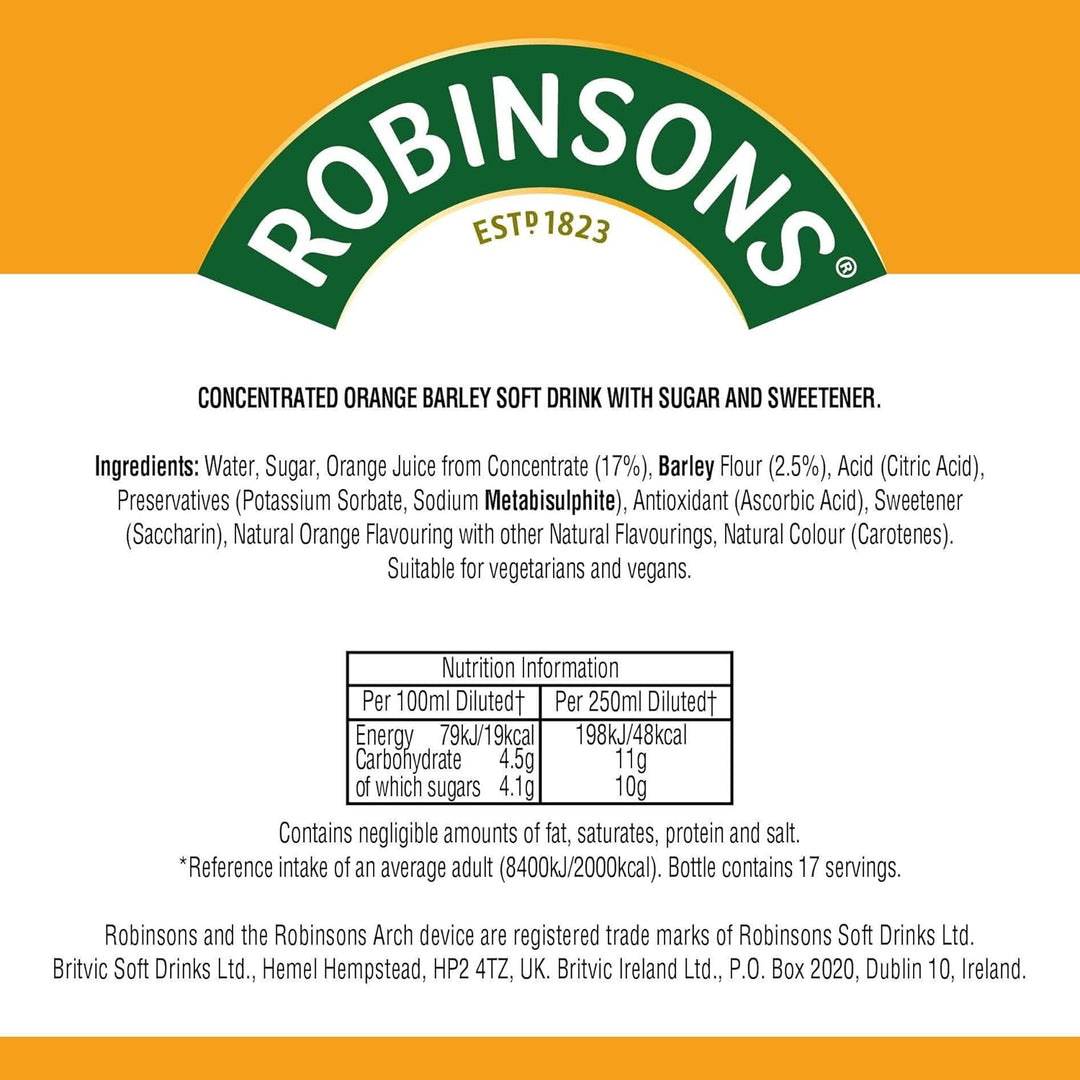 Robinsons Barley Water - Real Fruit Squash, Low Calorie, Orange - 850 ml