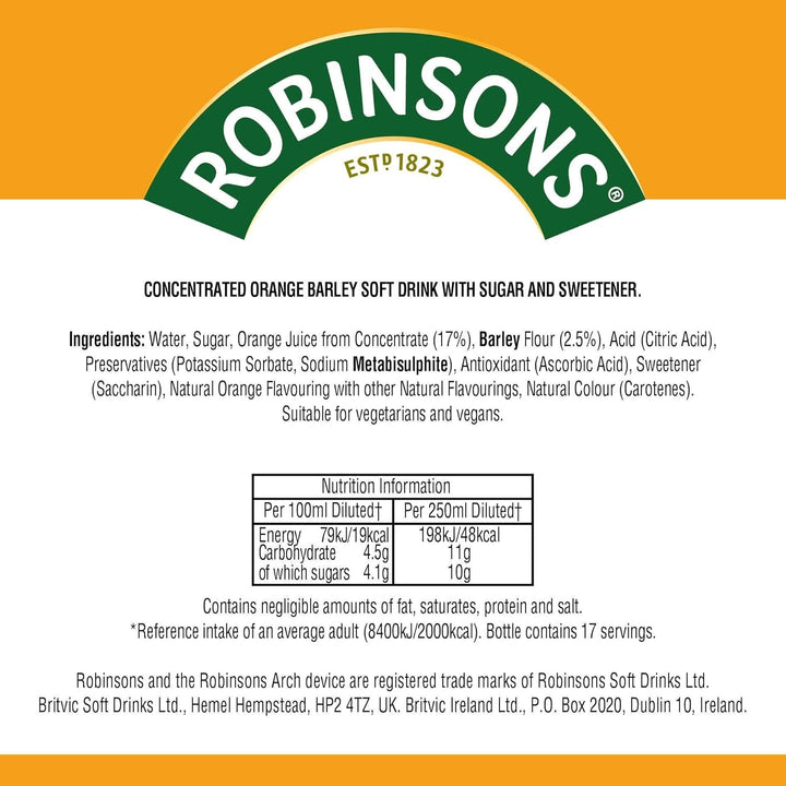 Robinsons Barley Water - Real Fruit Squash, Low Calorie, Orange - 850 ml