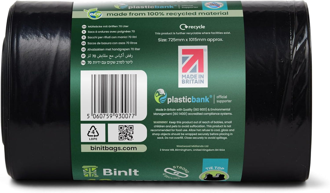 BIN IT 70L Tie Top Bin Liners, 100% Recycled Leak-Resistant Refuse Sacks for Home, Office & Garden