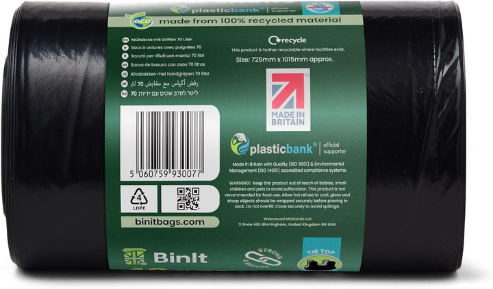 BIN IT 70L Tie Top Bin Liners, 100% Recycled Leak-Resistant Refuse Sacks for Home, Office & Garden