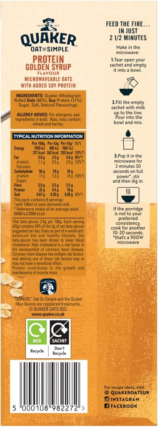 Quaker Oat So Simple Protein Golden Syrup Porridge, 8x43g