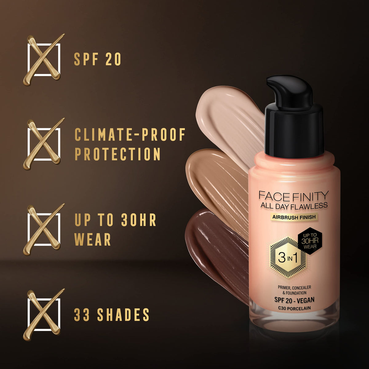 Max Factor Facefinity All Day Flawless 3-in-1 Liquid Foundation - Porcelain, 30 ml