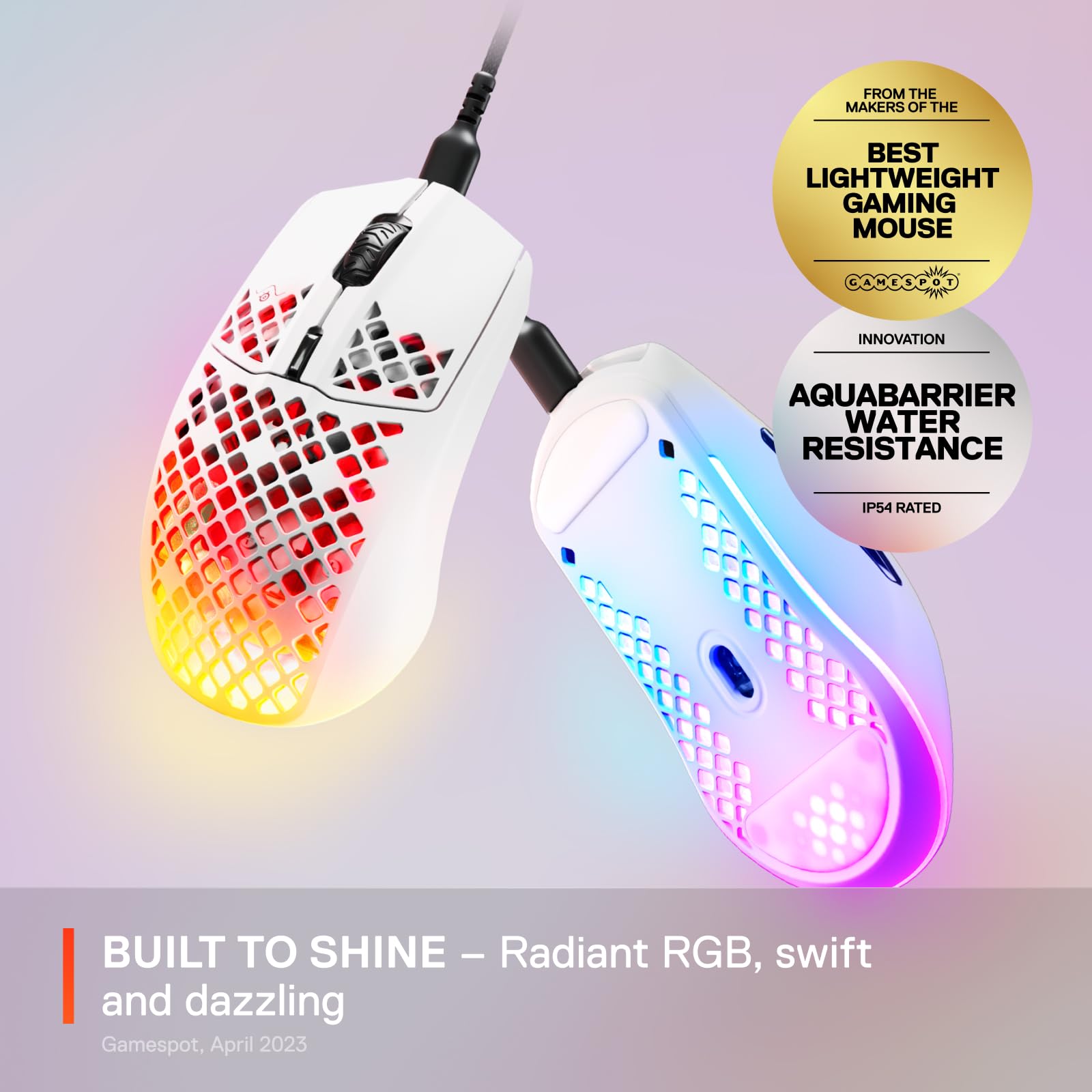 SteelSeries Aerox 3 Snow - Ultra-Lightweight Holey RGB Gaming Mouse, 8500 DPI TrueMove Core Sensor, IP54 Water Resistant, 59g 8