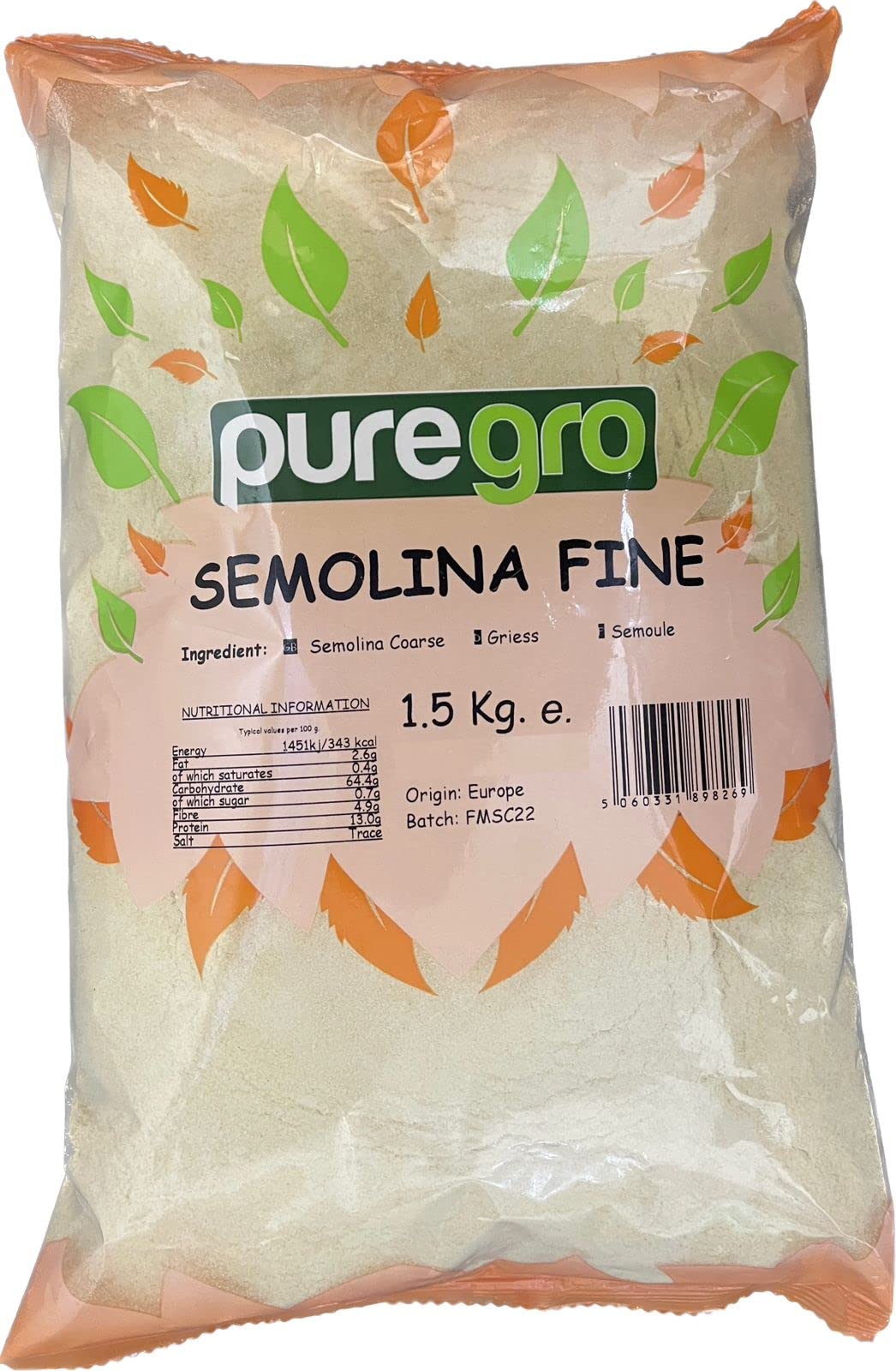 Puregro Semolina Fine Durum Wheat Flour for Baking, Pasta & Puddings | 1.5kg 1