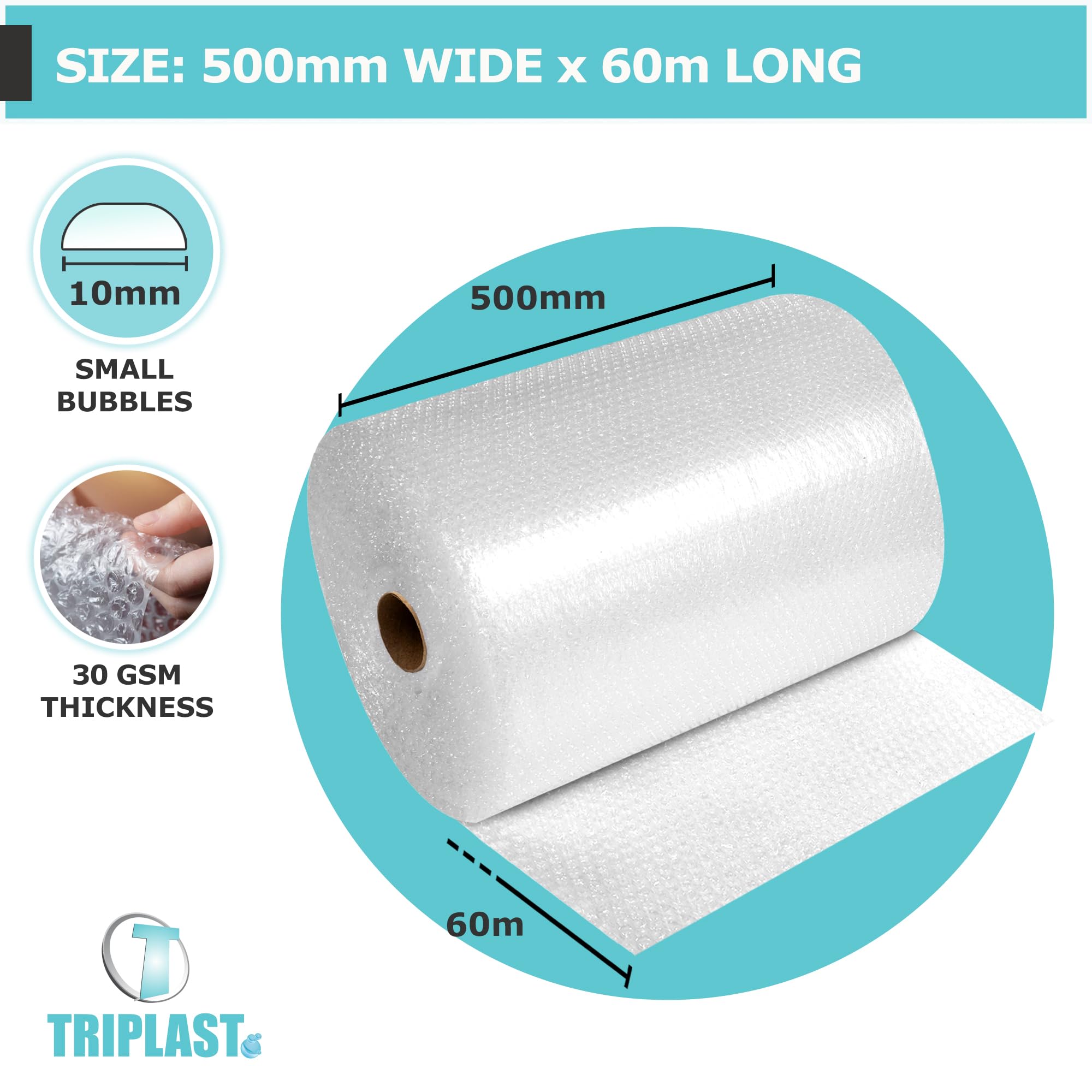 Triplast Bubble Wrap Roll - 500mm x 60m | 30gsm Thickness | Small Bubble (10mm) 2