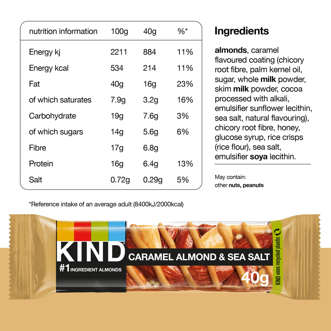 KIND - Caramel Almond & Sea Salt Gluten Free Snack Bars, High Fibre, No Artificial Ingredients, Multipack 12 x 40g
