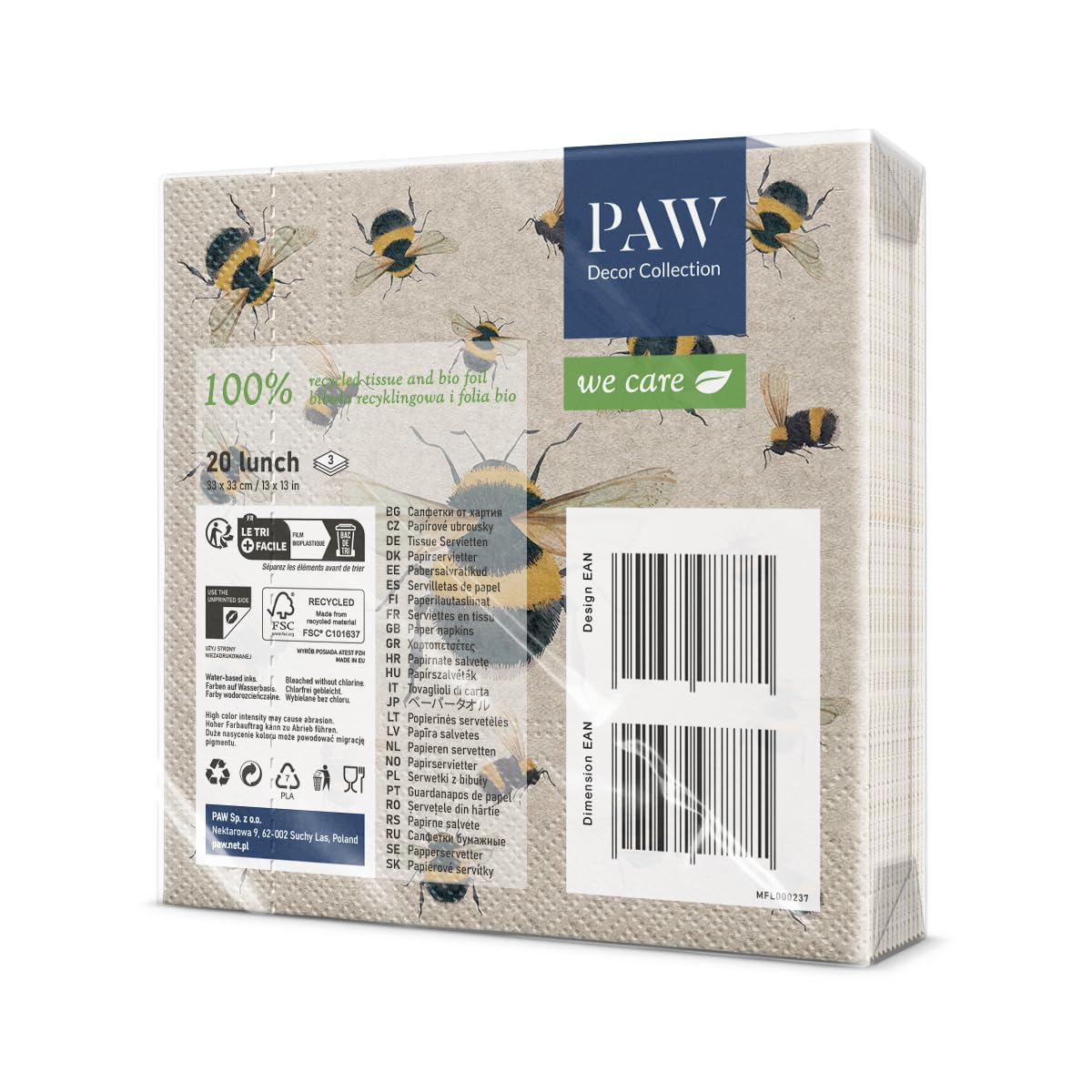 PAW Decor Collection Napkins 3-Ply - 20 Pieces | 33 x 33 cm | Brown Recycled Paper 2