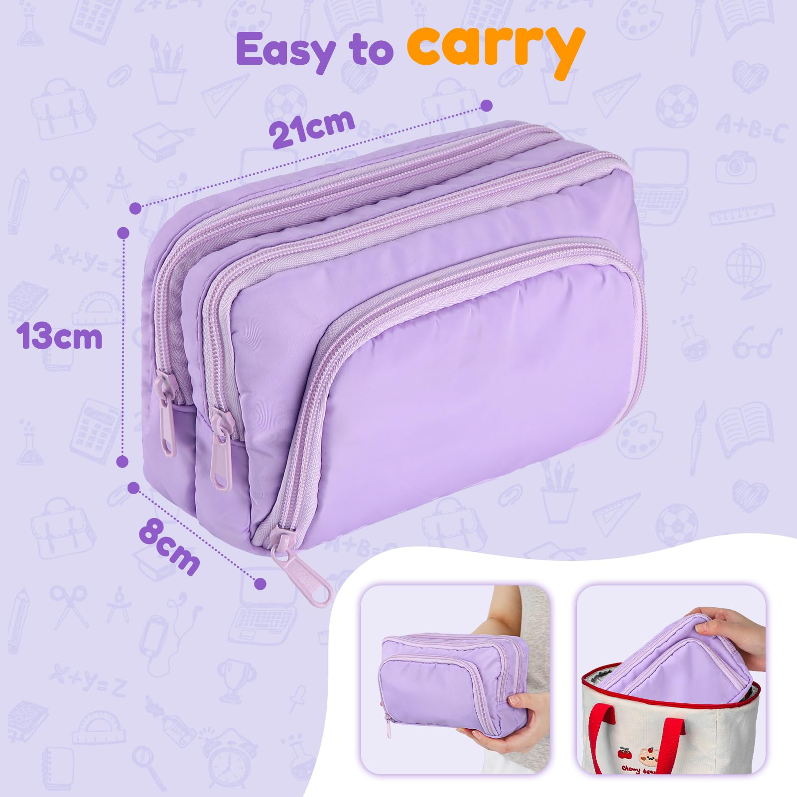 Euqvunn Large Capacity Pencil Case - 3 Compartments, Violet Polyester | 21x8x13CM 5