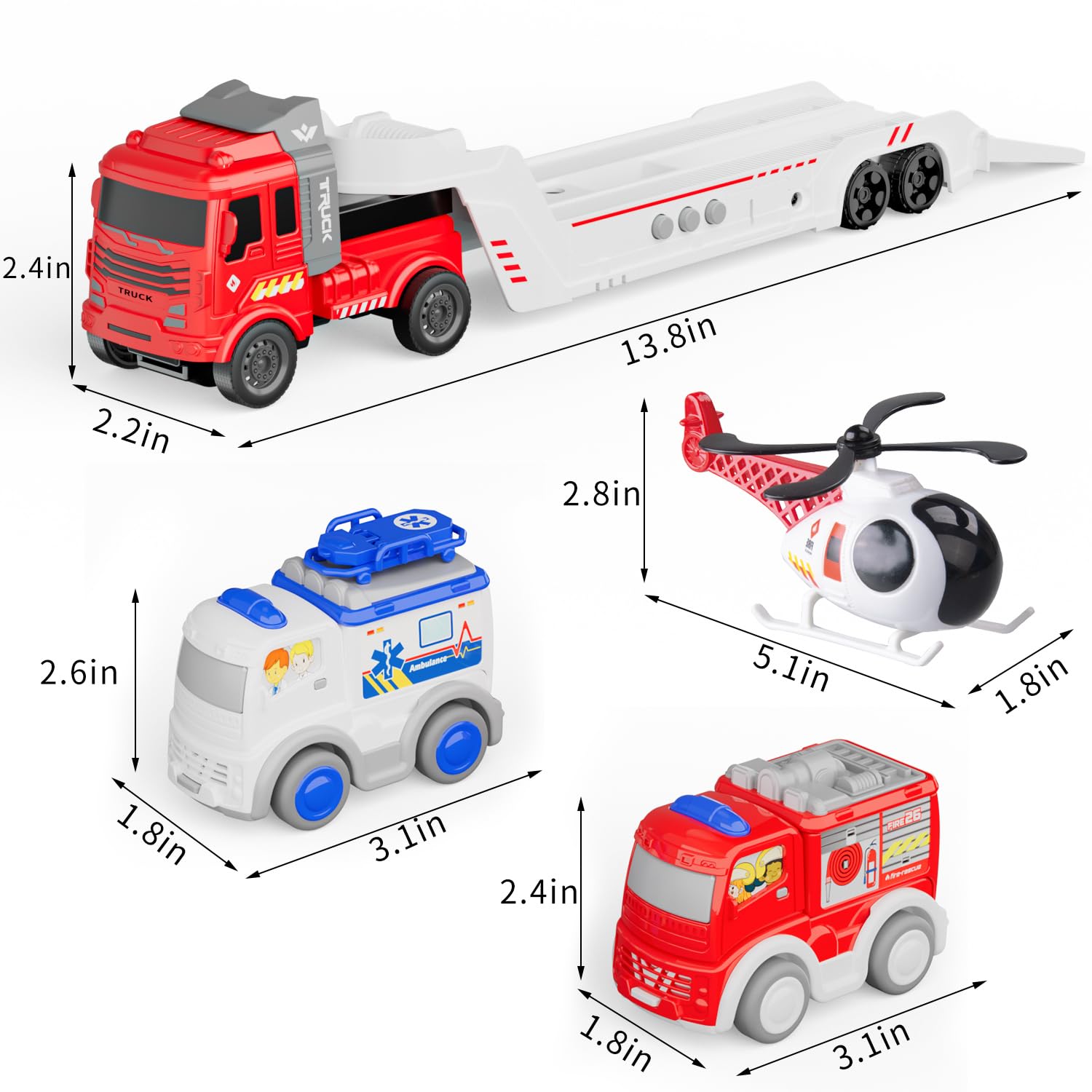 GizmoVine Fire Truck Playset - Vehicle Transporter Toy with Ambulance & Helicopter for Kids 3+ 13