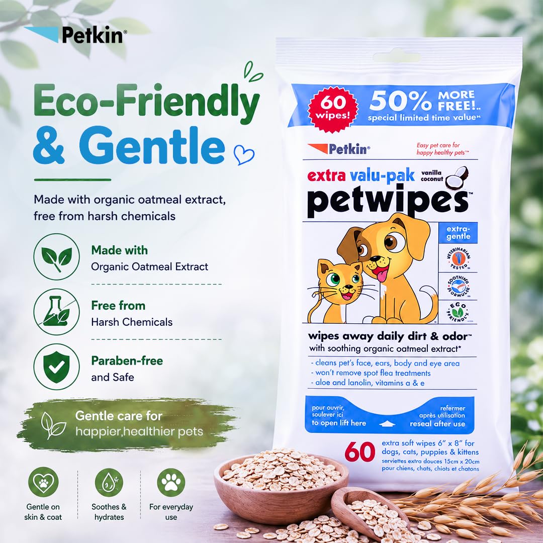 Petkin Eco Pet Wipes for Dogs and Cats - Gently Cleans Dirt & Odour | 60 Count 3