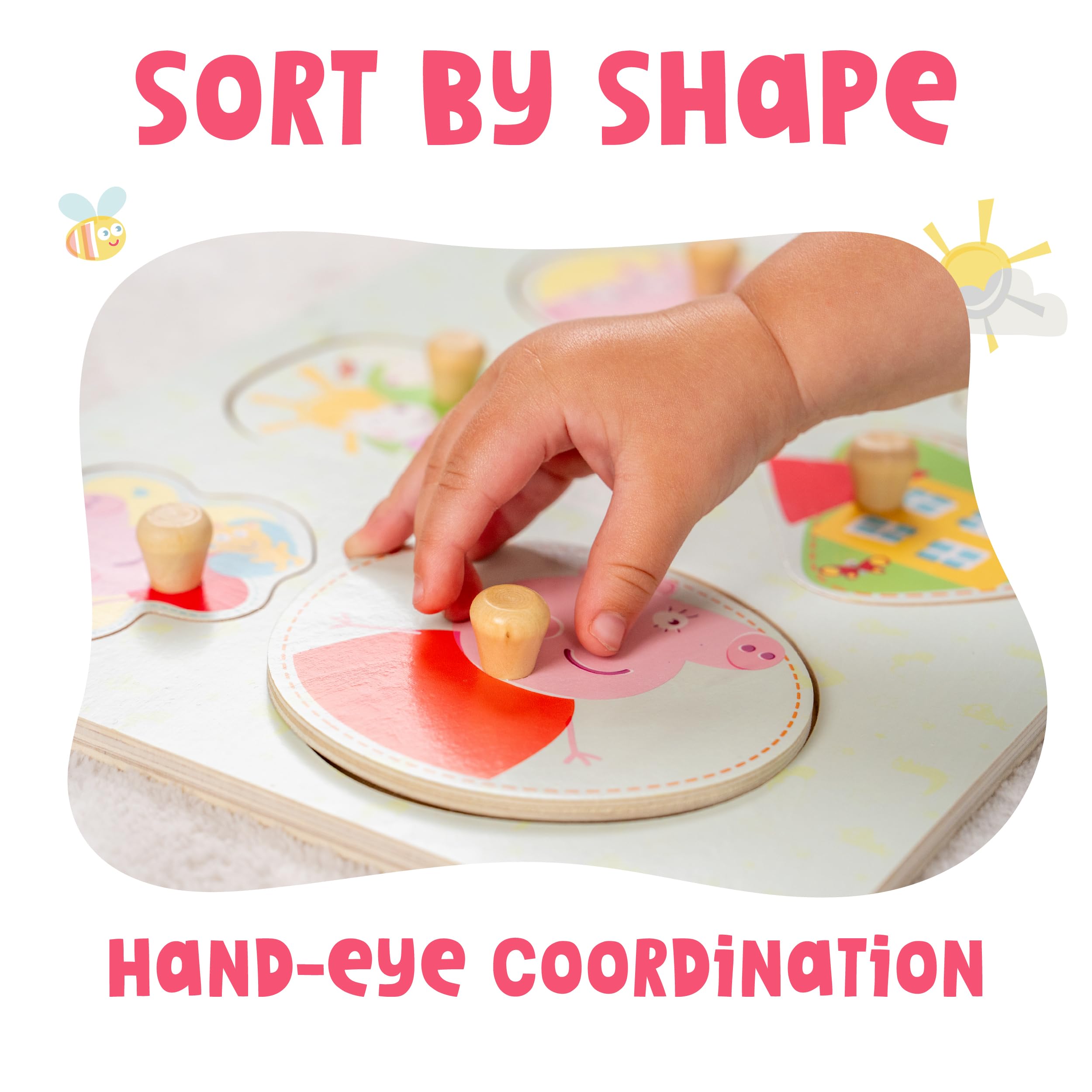 Peppa Pig Wooden Puzzle for Toddlers 12+ Months with Easy-Grip Handles | 6 Shapes 4