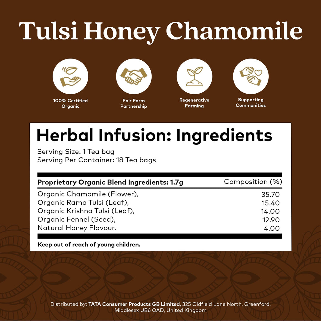 Organic India Tulsi Honey Chamomile Tea, Caffeine-Free, Certified Organic, Plant-Based, 175g