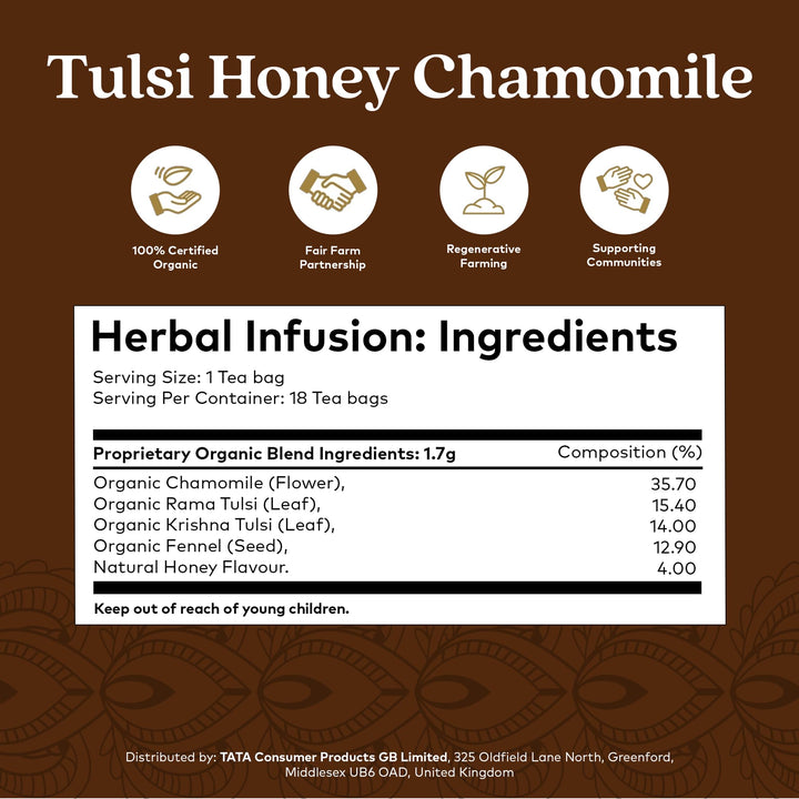 Organic India Tulsi Honey Chamomile Tea, Caffeine-Free, Certified Organic, Plant-Based, 175g