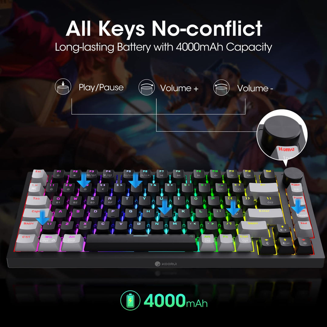 KOORUI MK082 82-Key Mechanical Gaming Keyboard - RGB Backlit, Wireless/Wired, Red Switch