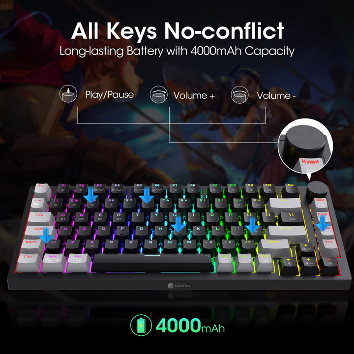 KOORUI MK082 82-Key Mechanical Gaming Keyboard - RGB Backlit, Wireless/Wired, Red Switch