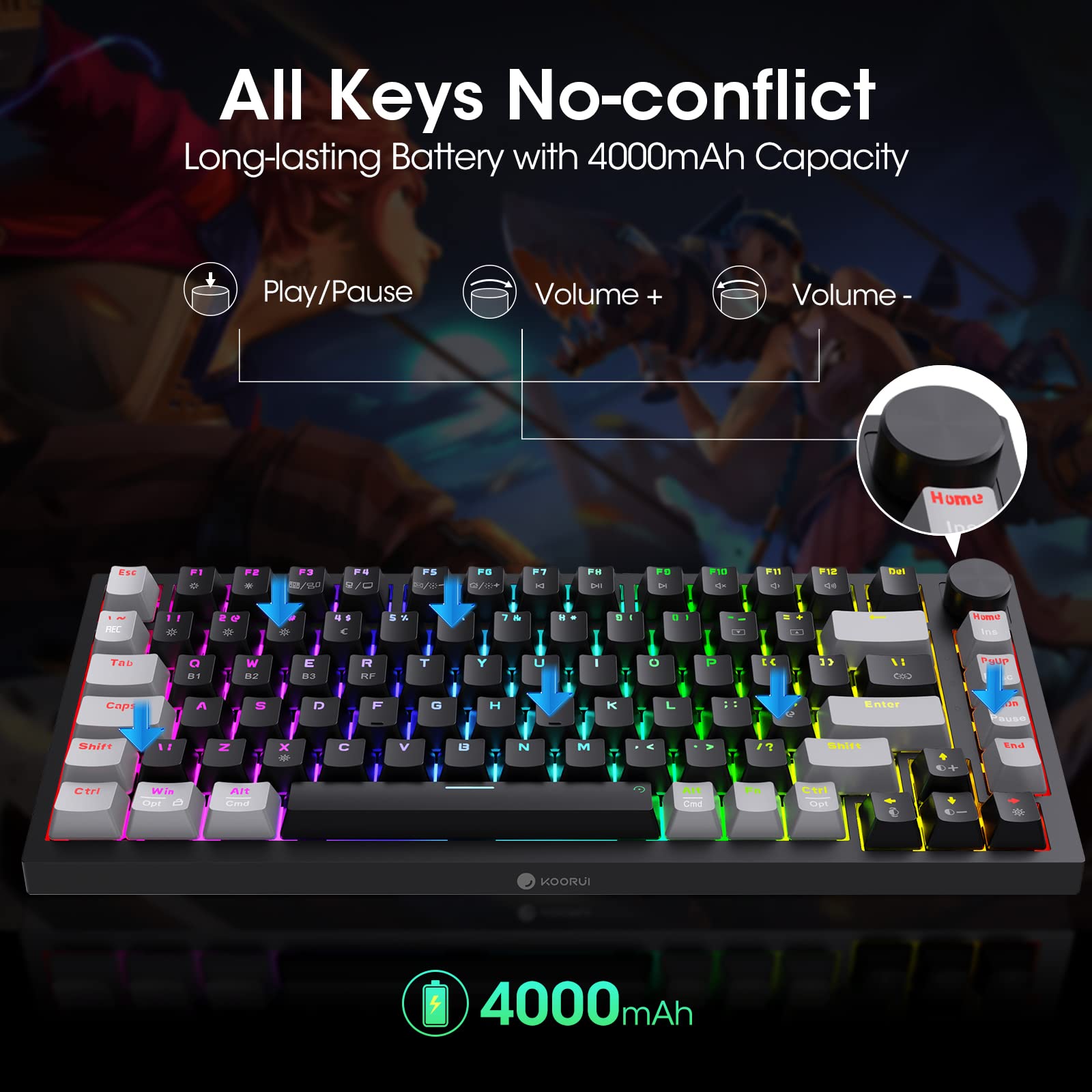 KOORUI MK082 82-Key Mechanical Gaming Keyboard - RGB Backlit, Wireless/Wired, 3-Mode Connectivity 2