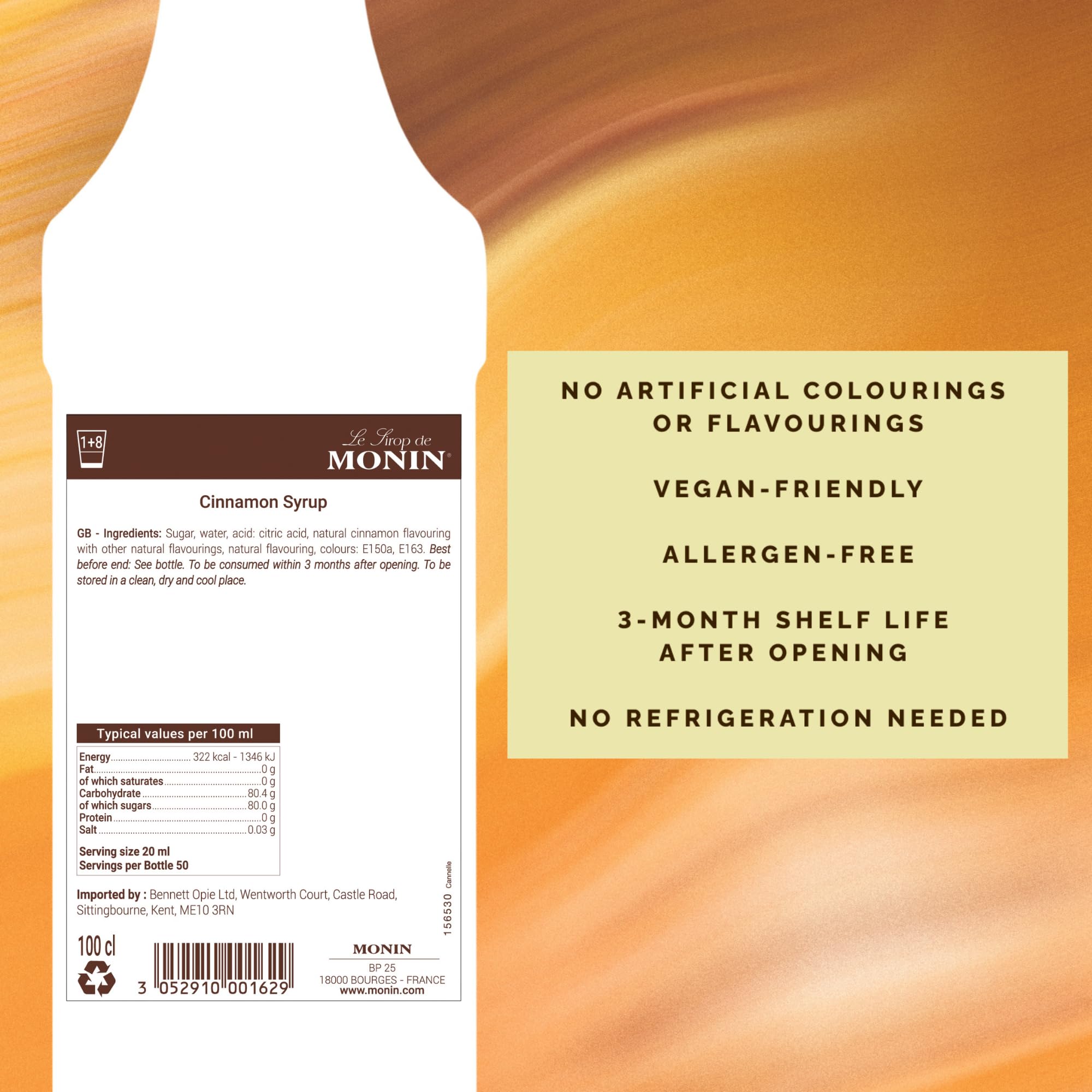 Monin Premium Cinnamon Syrup - 1L PET Bottle | Vegan, Natural Flavourings