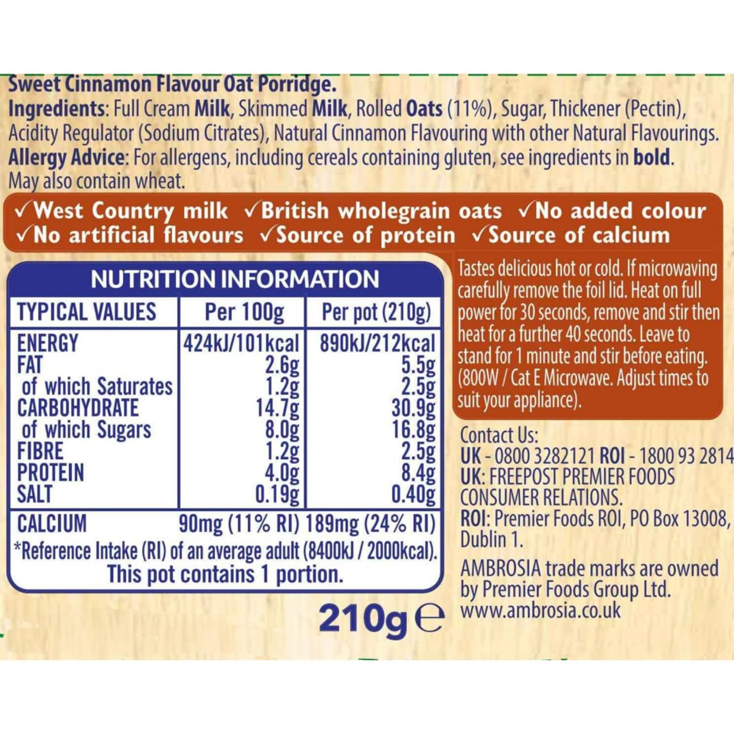 Ambrosia Ready to Eat Sweet Cinnamon Porridge - Low Fat, High Protein | 210g Pot (Pack of 6) 2