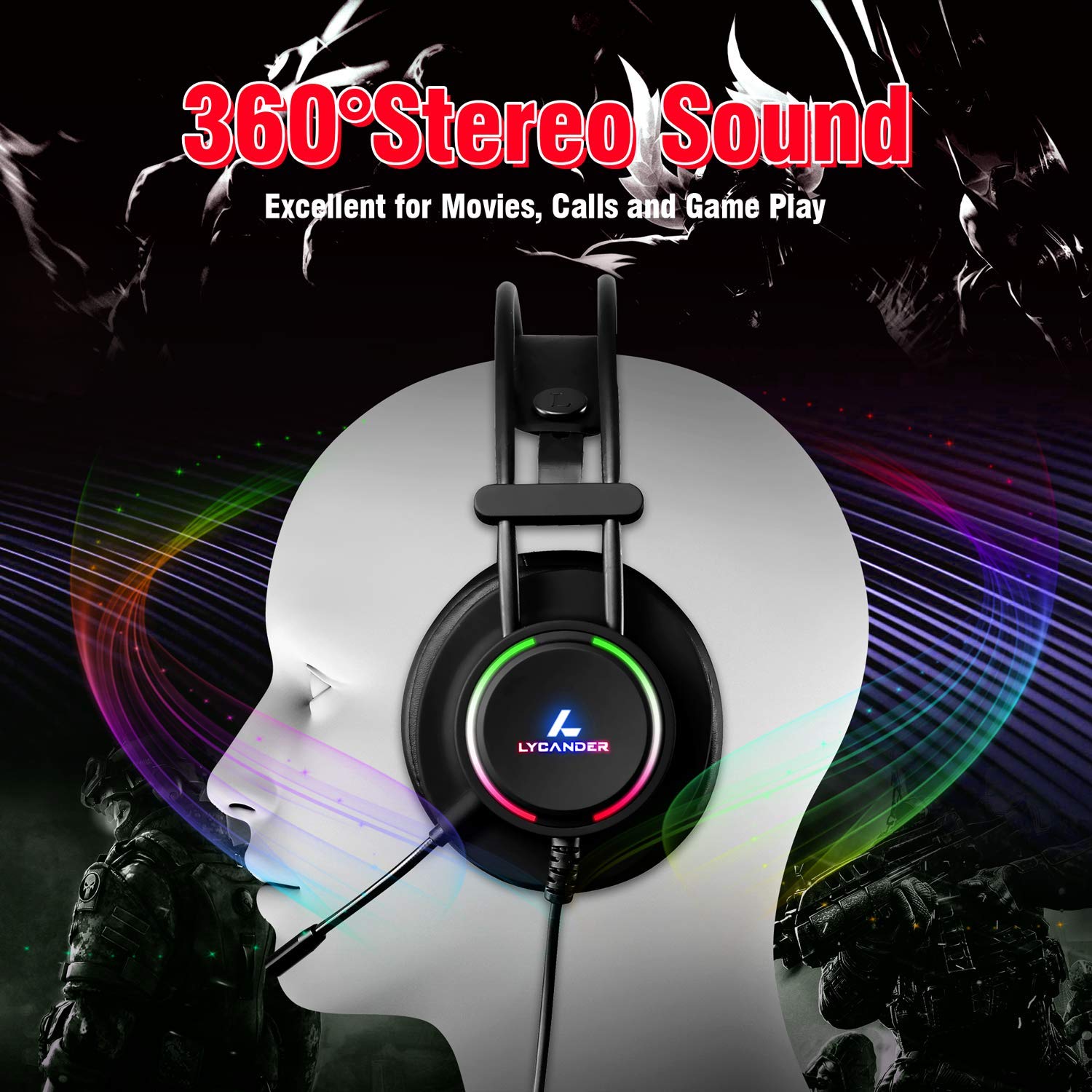 LYCANDER LGH-569 Gaming Headset with Microphone, 50mm Drivers, LED Light, 3.5mm for PC, PS, Xbox, Switch 3