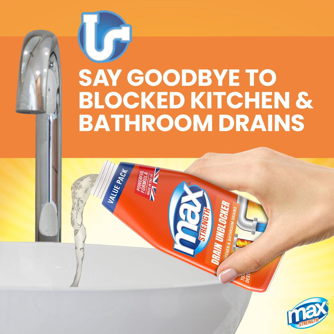 Max - Strength Drain Unblocker 1L Heavy Duty Liquid for Sink, Toilet & Shower