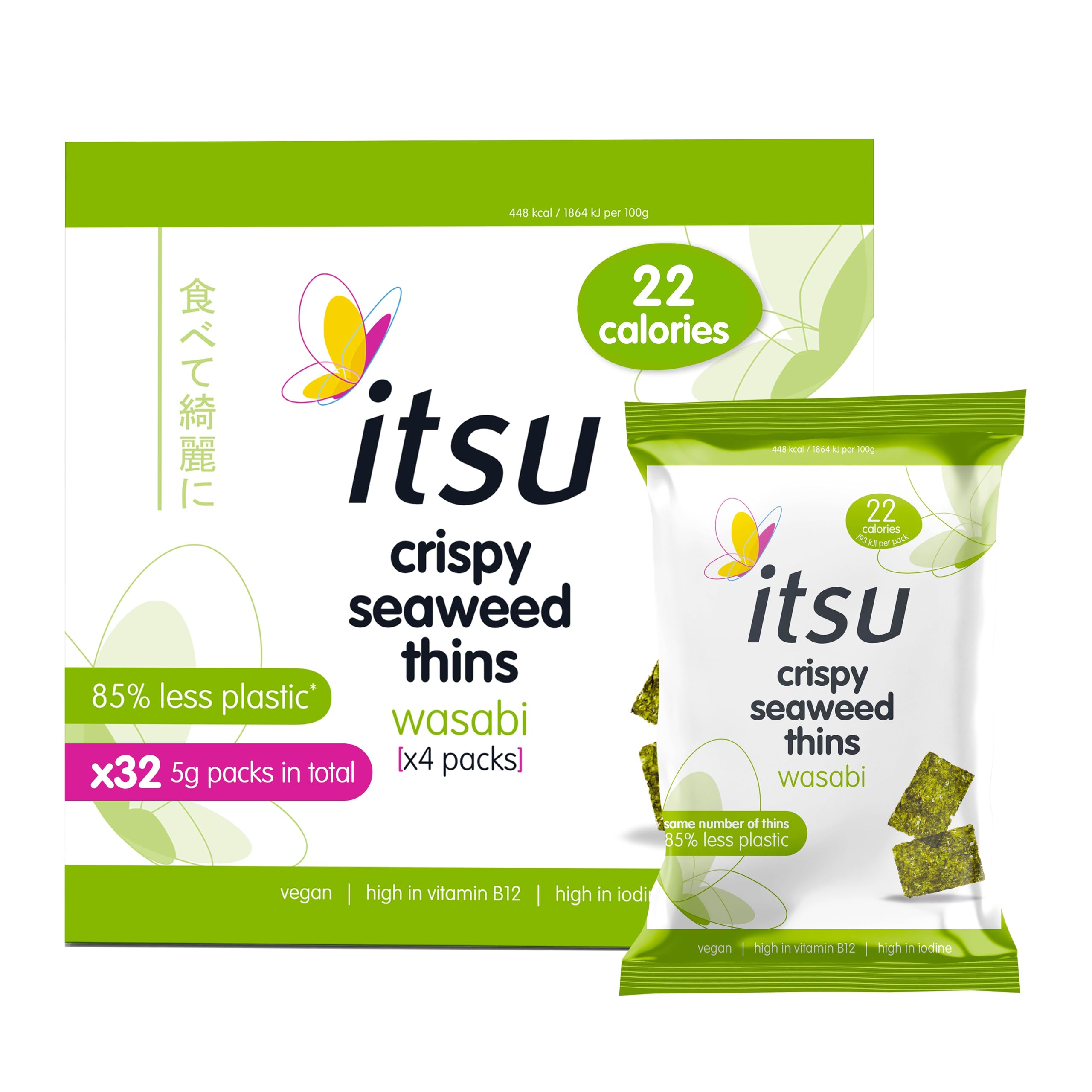 itsu Wasabi Flavour Seaweed Thins - 32 Pack (5g Each) | Vegan | Low Calorie Snack