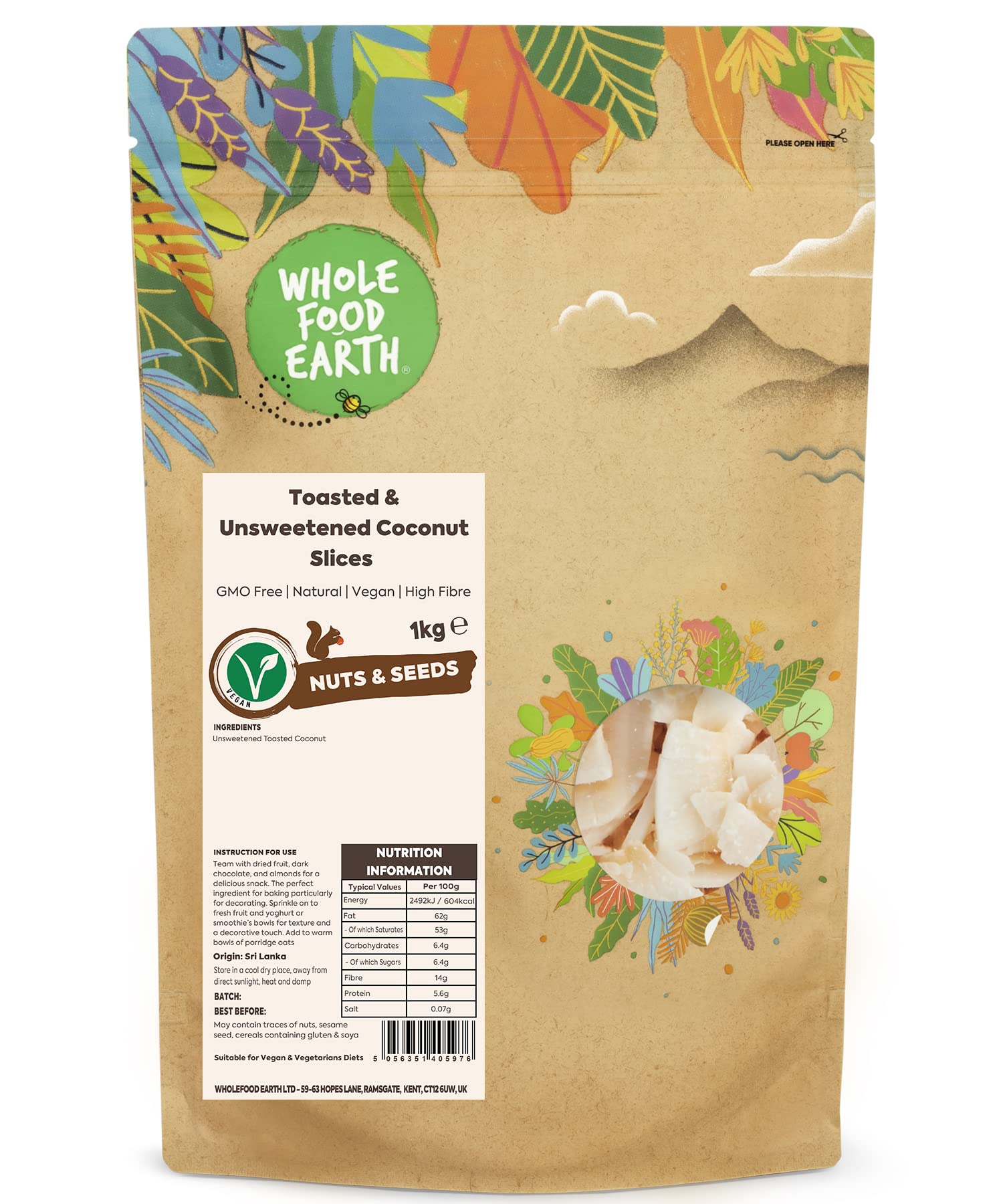 Wholefood Earth - Geröstete und ungesüßte Kokosnussscheiben (1 kg)