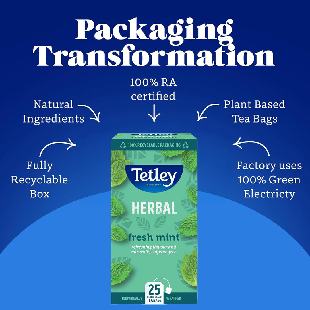 Tetley Fresh Mint Tea Bags - Peppermint & Spearmint Herbal Blend - 25 Bags