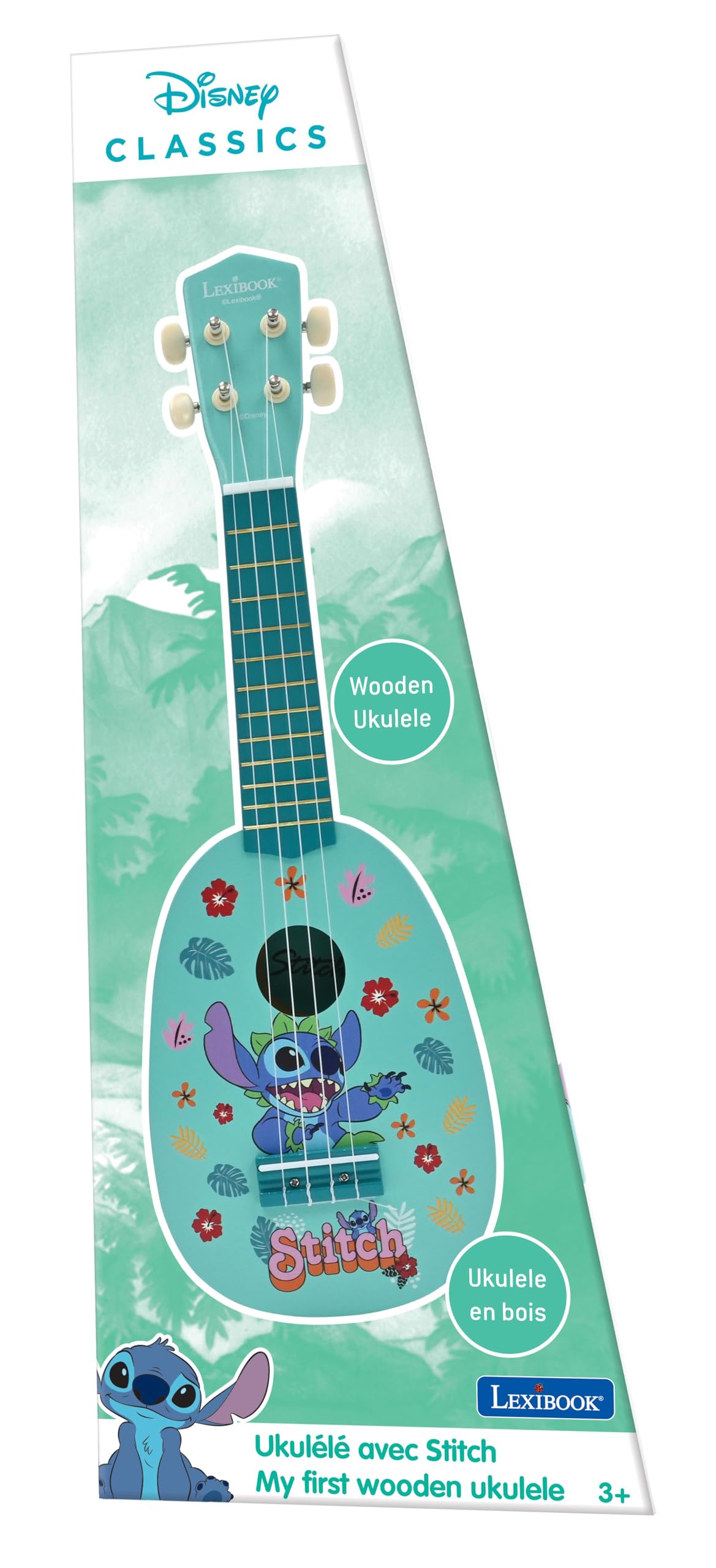 LEXIBOOK Disney Stitch My First Wooden Ukulele - 4 Nylon Strings | 53 cm Size | Ages 3+ 5