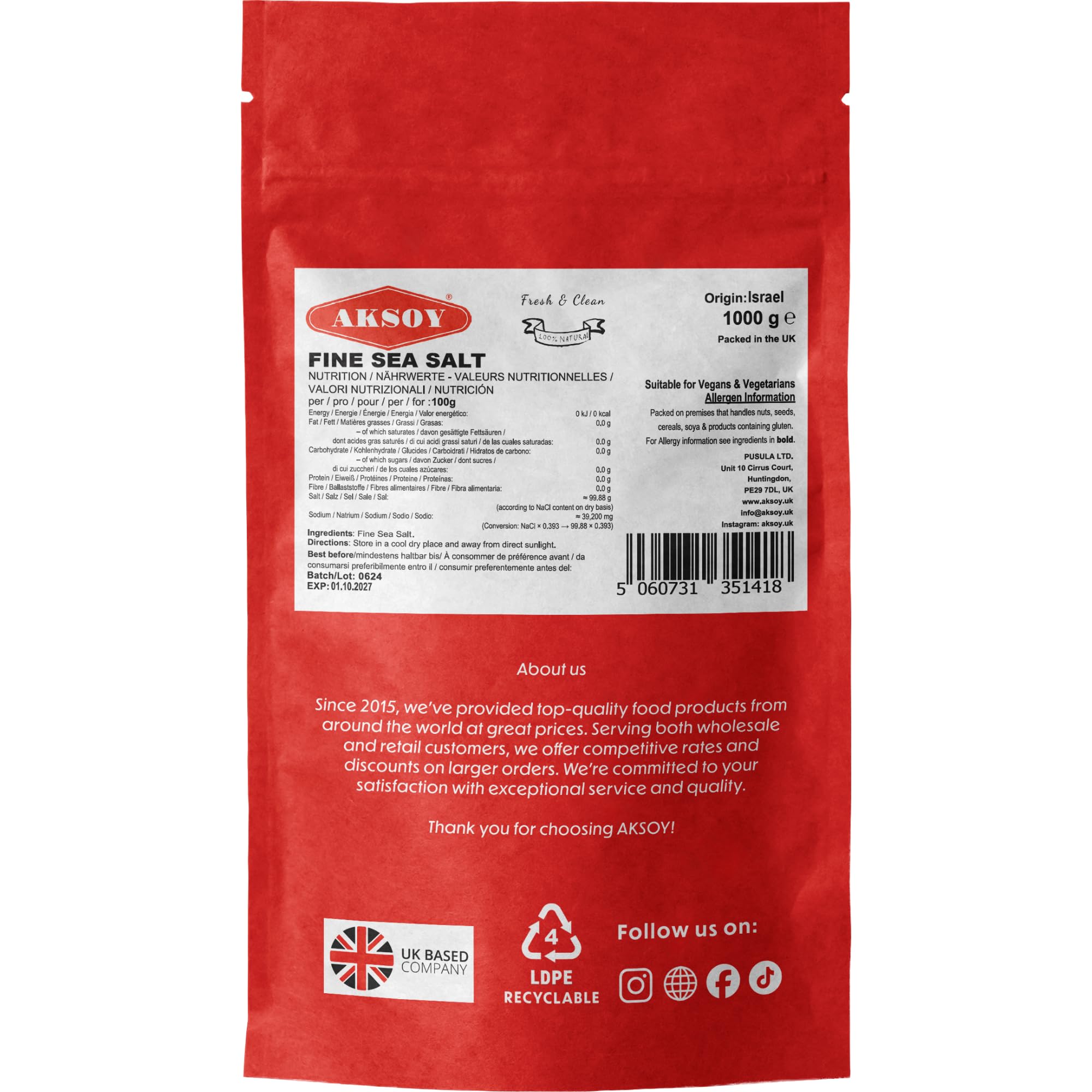 AKSOY Fine Sea Salt - 1KG Pack, Fine Grain, Natural & Unrefined