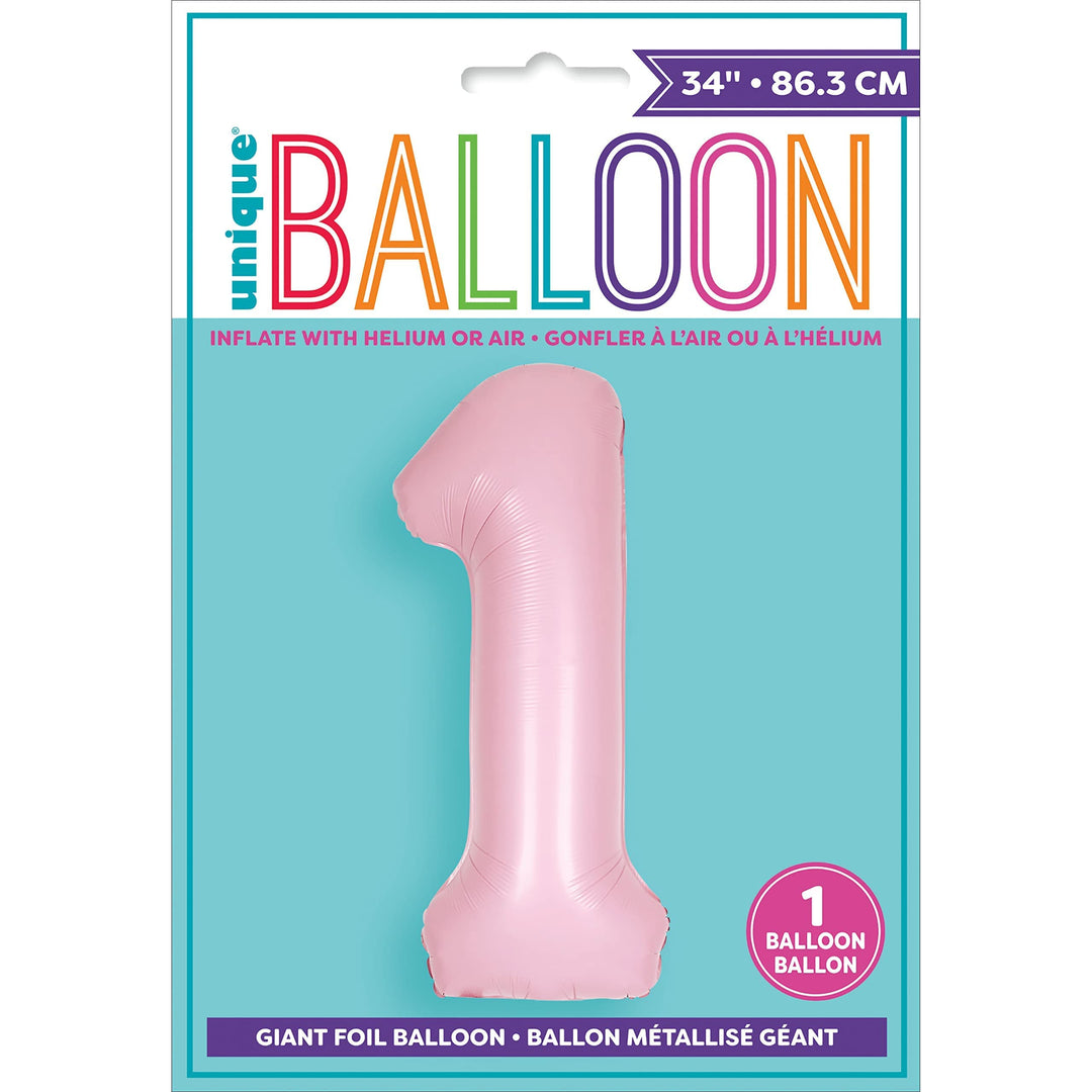 Giant Foil Number 1 Balloon - Matte Baby Pink - 86 cm - for 1st Birthday Party