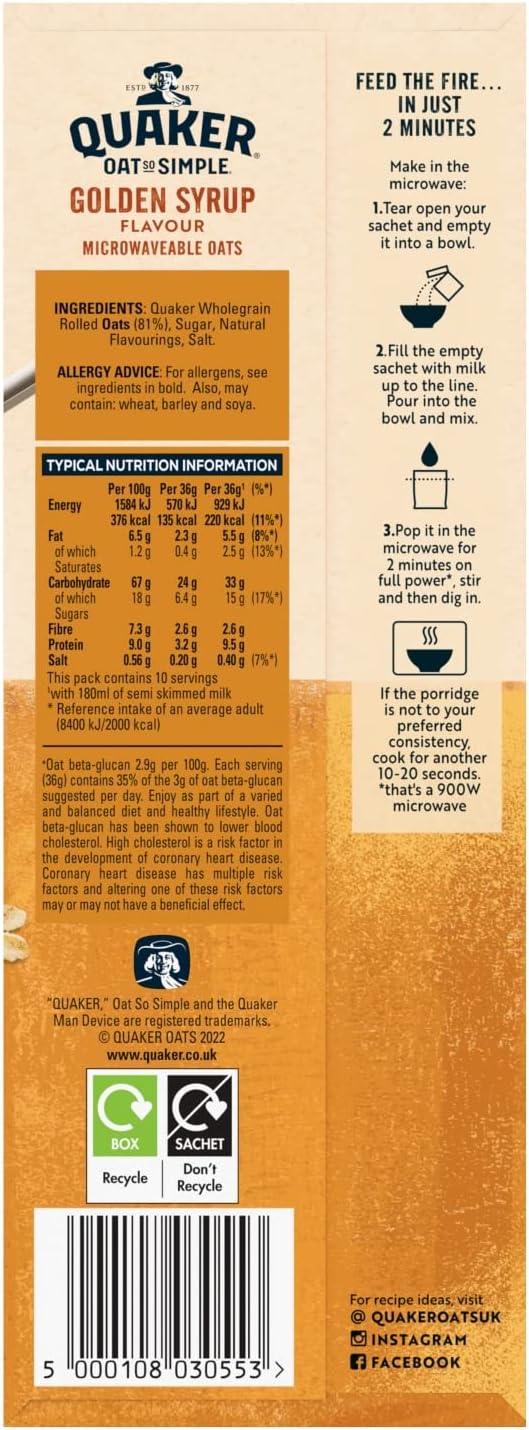 Quaker Oat So Simple Golden Syrup Porridge, 10 x 36g