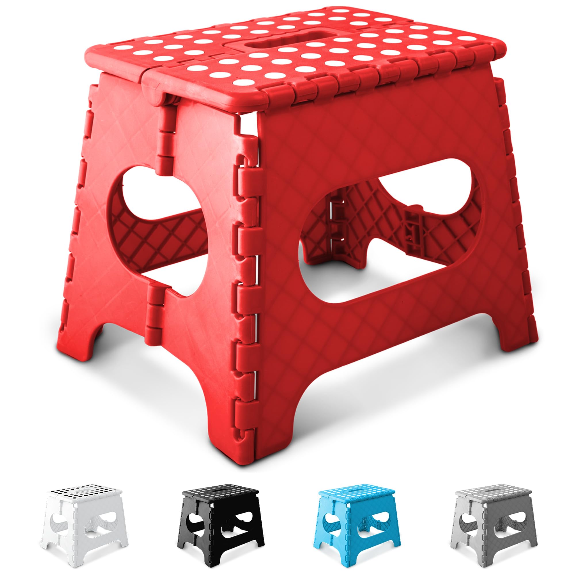 KEPLIN Heavy Duty Folding Step Stool - 11 Inch, 150kg Capacity | Red Plastic