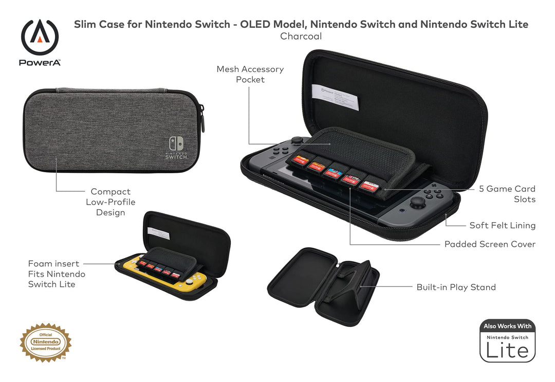 PowerA Slim Case for Nintendo Switch - OLED Model, Switch, and Switch Lite - Charcoal