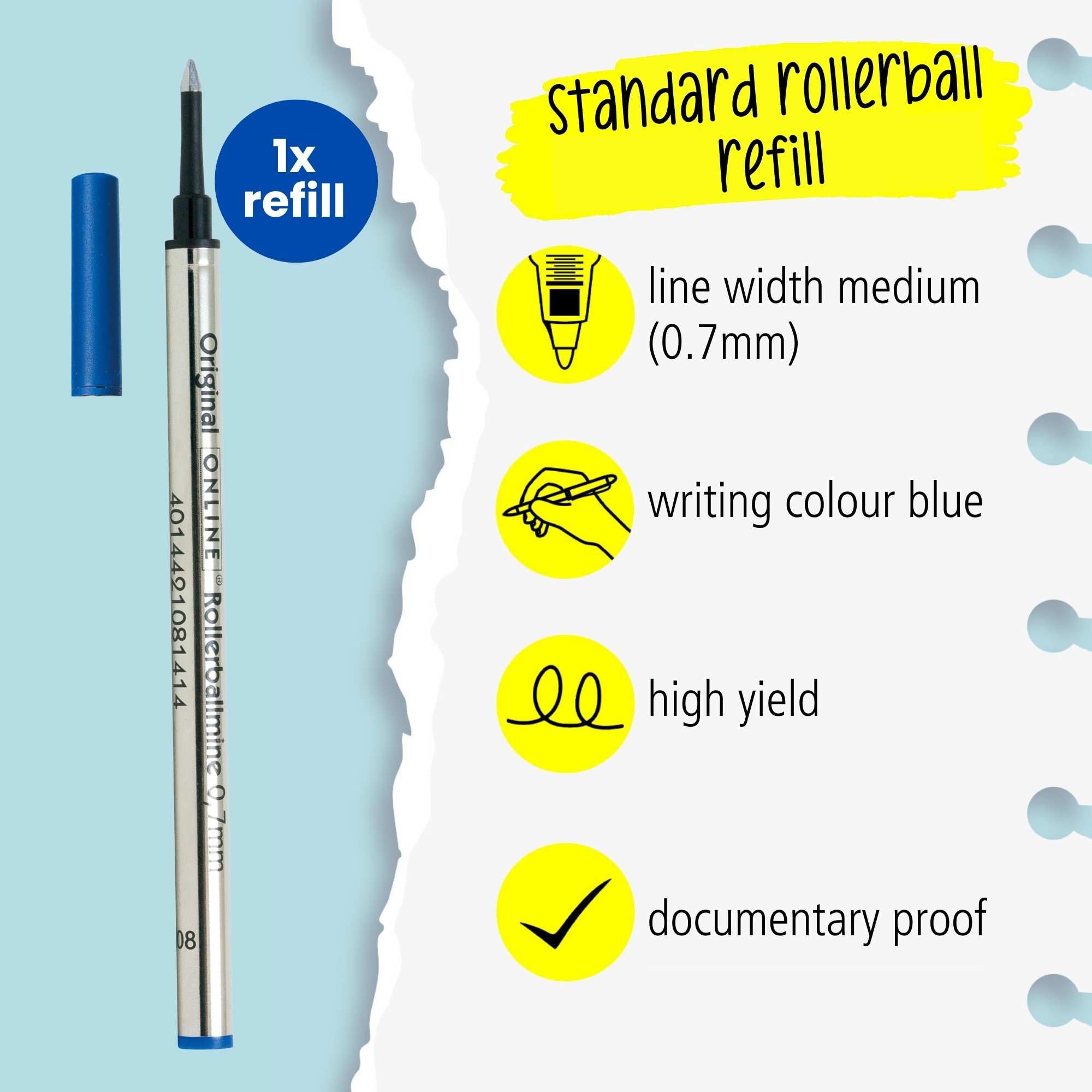 Online Rollerball Pen Refill - 0.7mm Line Width, Blue Ink, ISO 14145-2 Certified | Metal Housing 2
