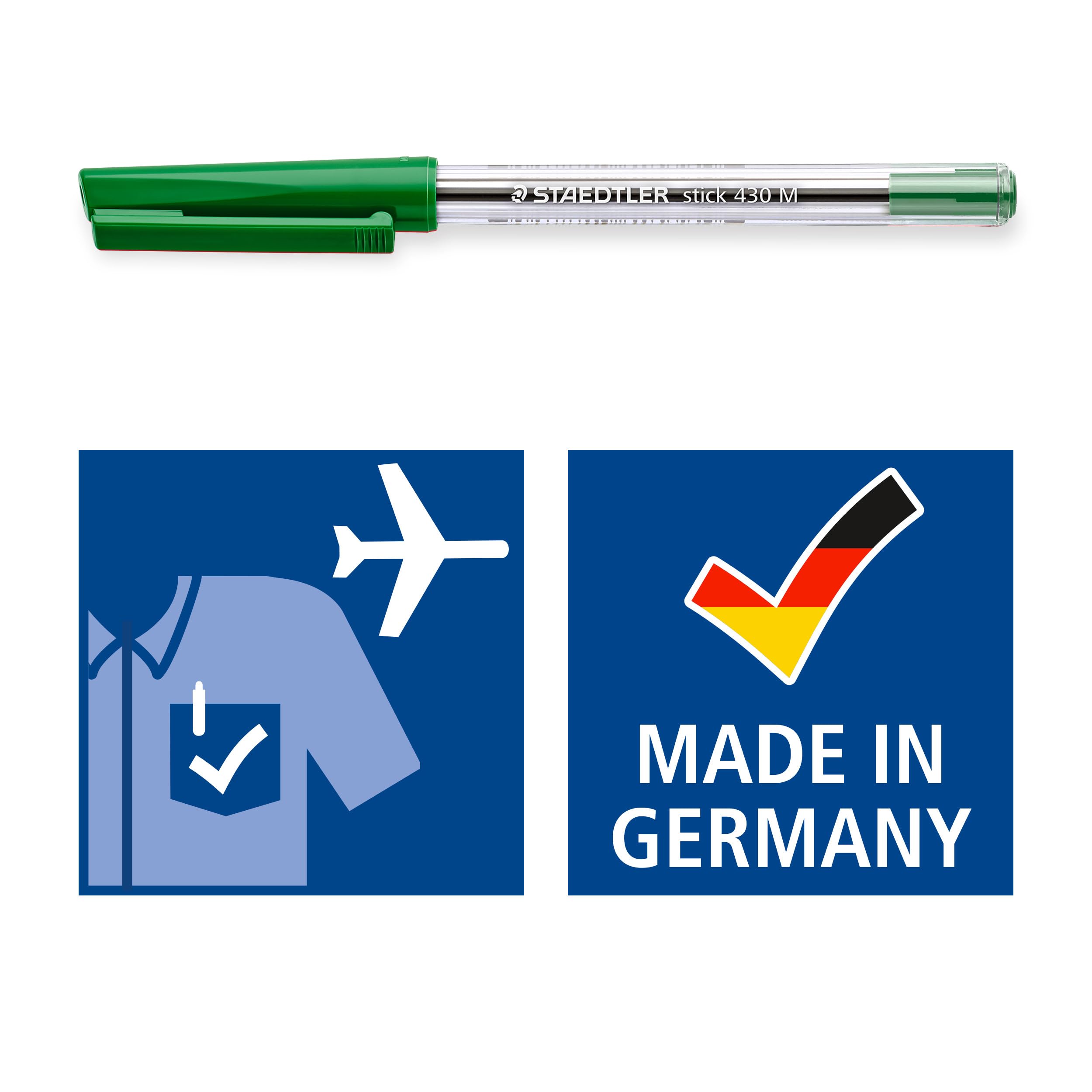 STAEDTLER Stick 430 Ballpoint Pen - Medium Point, Green Ink | Box of 10 | Airplane Safe 5