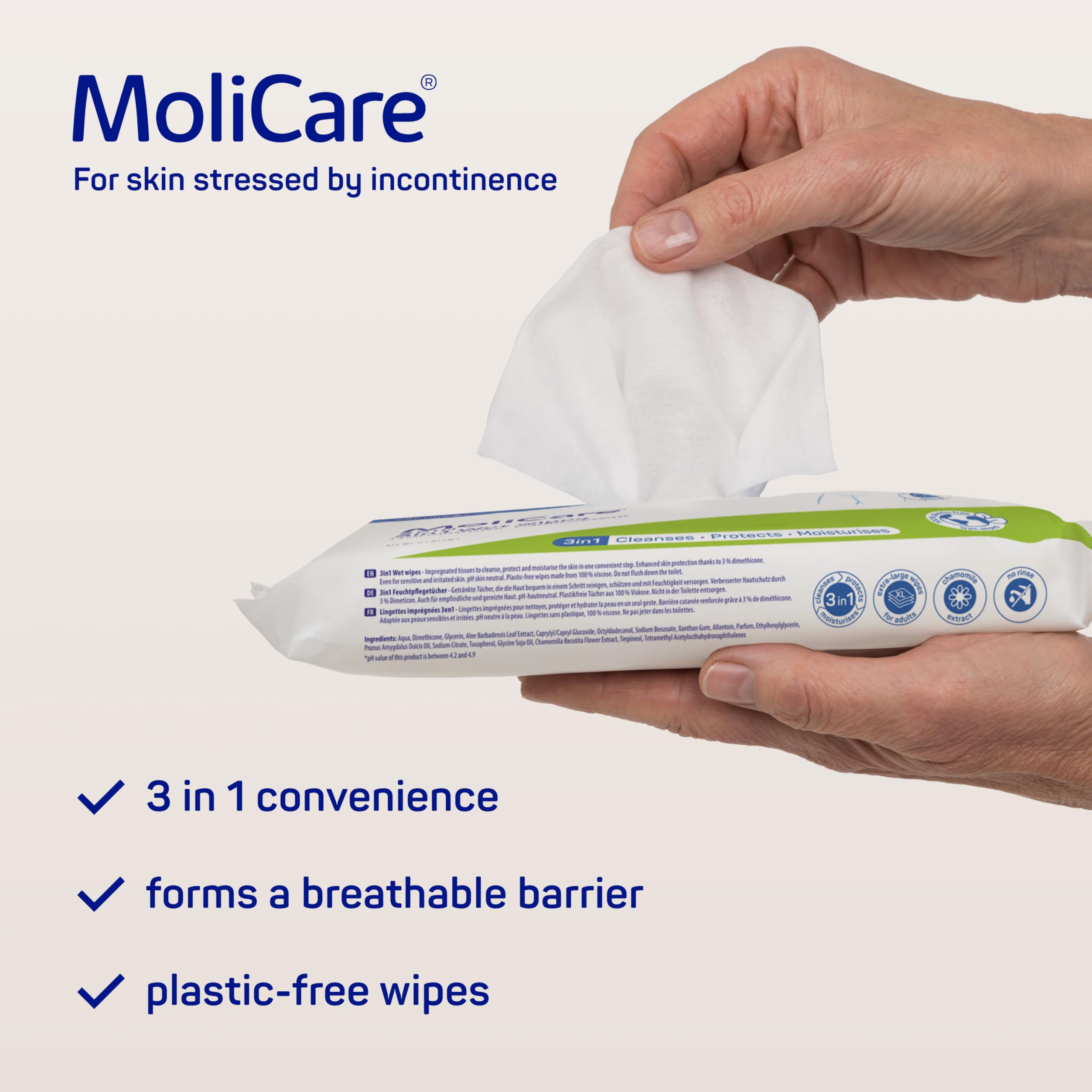 Molicare Skin 3in1 Wet Wipes - Cleanse, Moisturise & Protect | 30 Wipes 6