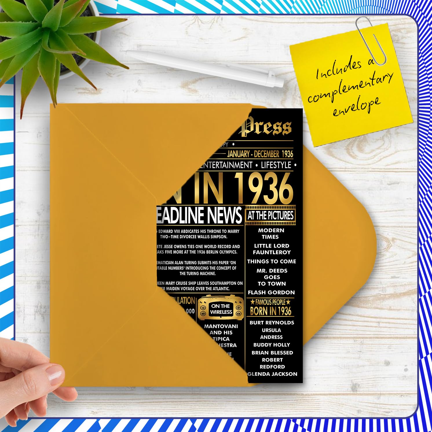 Stuff4 90th Birthday Card for Men & Women - Newspaper Design Born in 1936 | 5x7 Inch 5