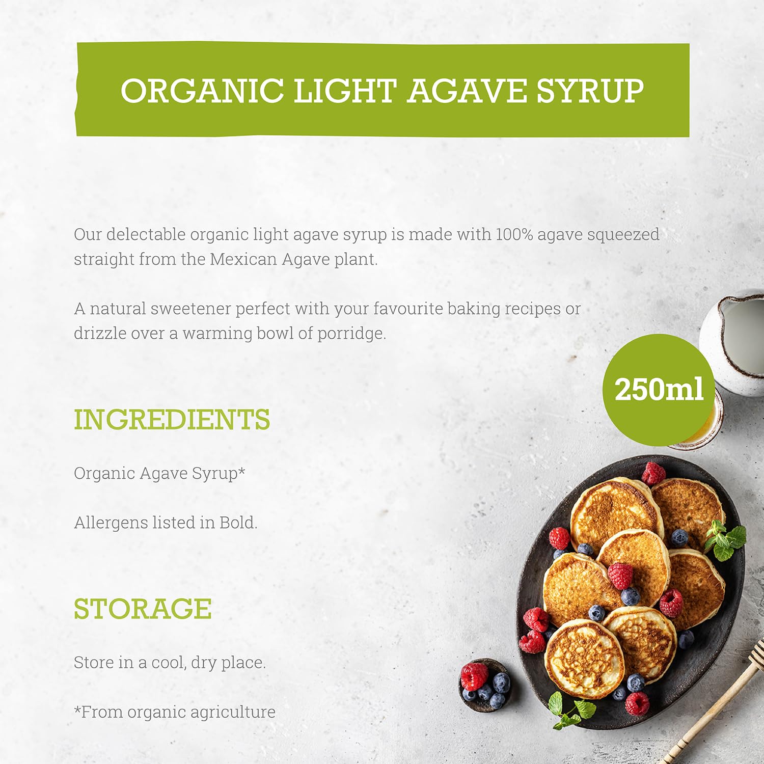 Mr Organic Light Agave Syrup - Organic Natural Sweetener | 250ml Bottle | Non-GMO