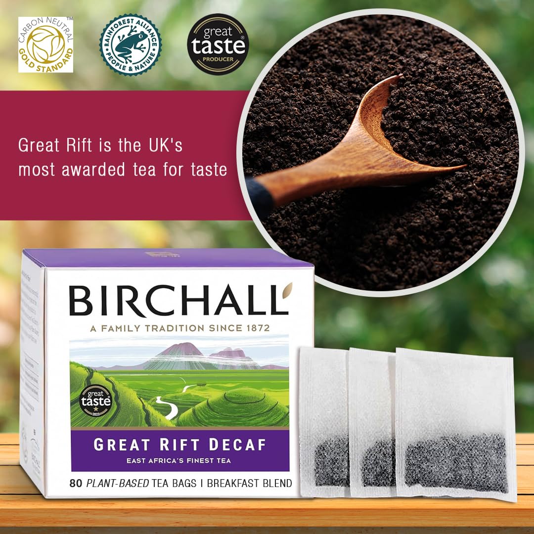 Birchall Great Rift Decaf Blend Tea Bags, English Breakfast Tea, 80 Plant-Based Biodegradable Tea Bags, Rainforest Alliance Certified