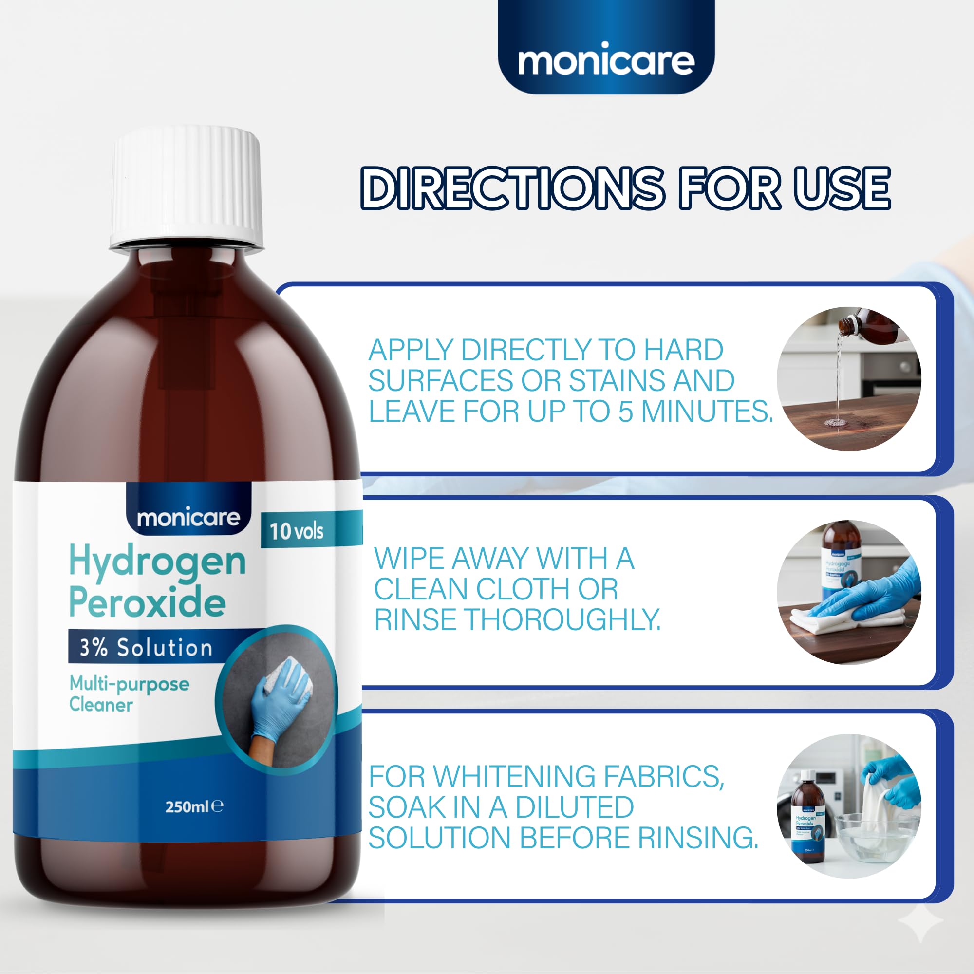 Monicare Hydrogen Peroxide 3% Multi-Purpose Cleaner - 250ml Liquid | Hospital Grade Disinfectant 6