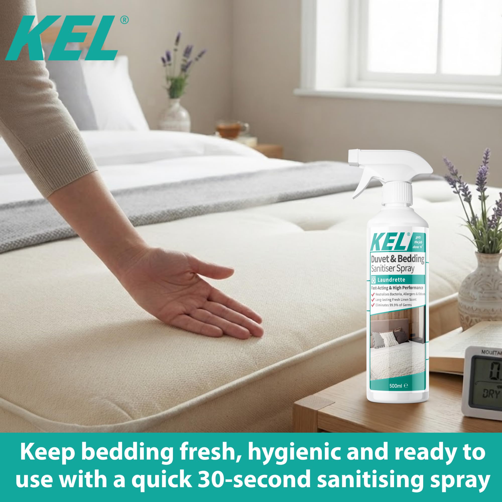 KEL Fast-Acting Duvet & Bedding Sanitiser Spray - Eliminates 99.9% of Germs | 500ml | Linen Scent 5