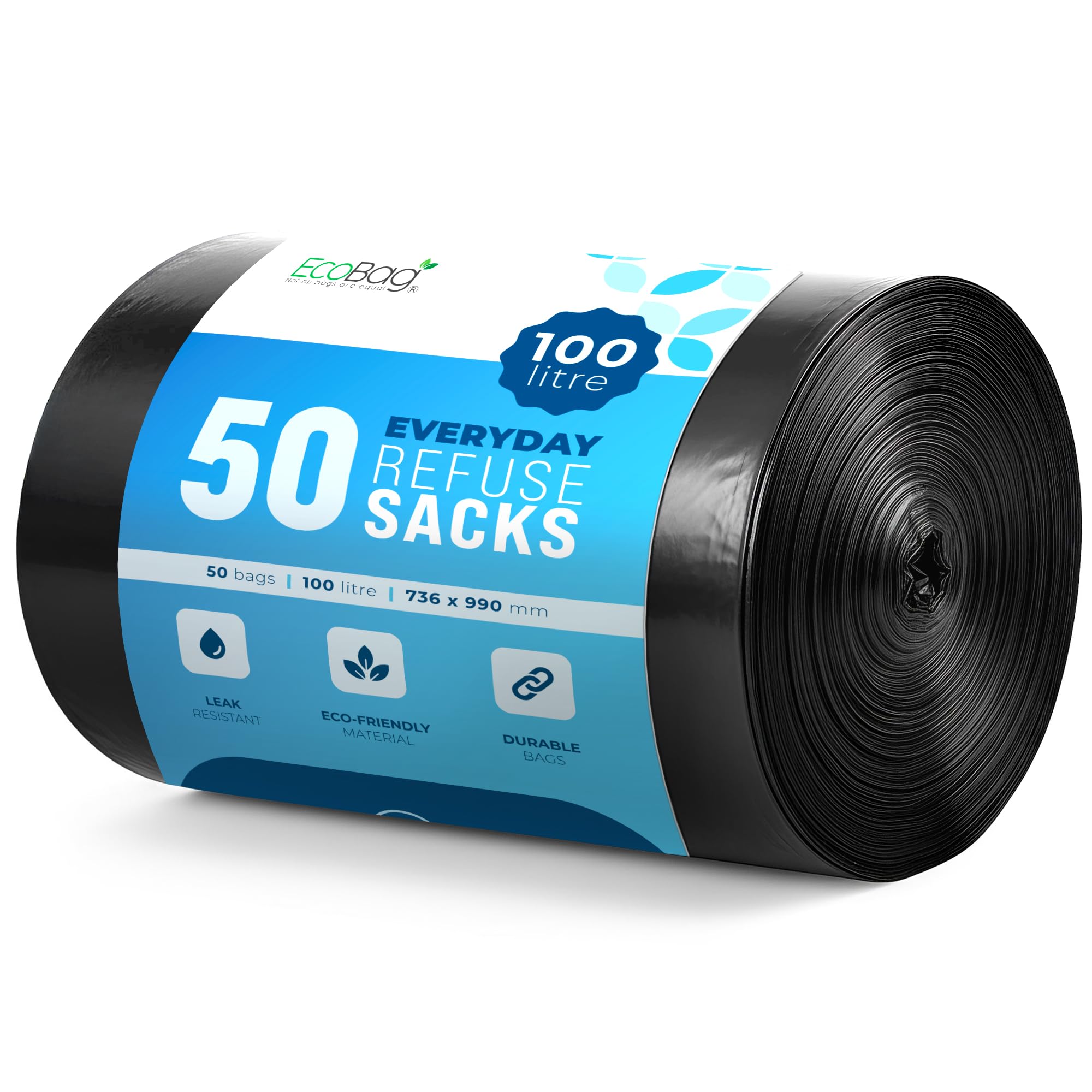 EcoBag 50 Pack Everyday Refuse Sacks - 100L Capacity | Recyclable | Leak Resistant