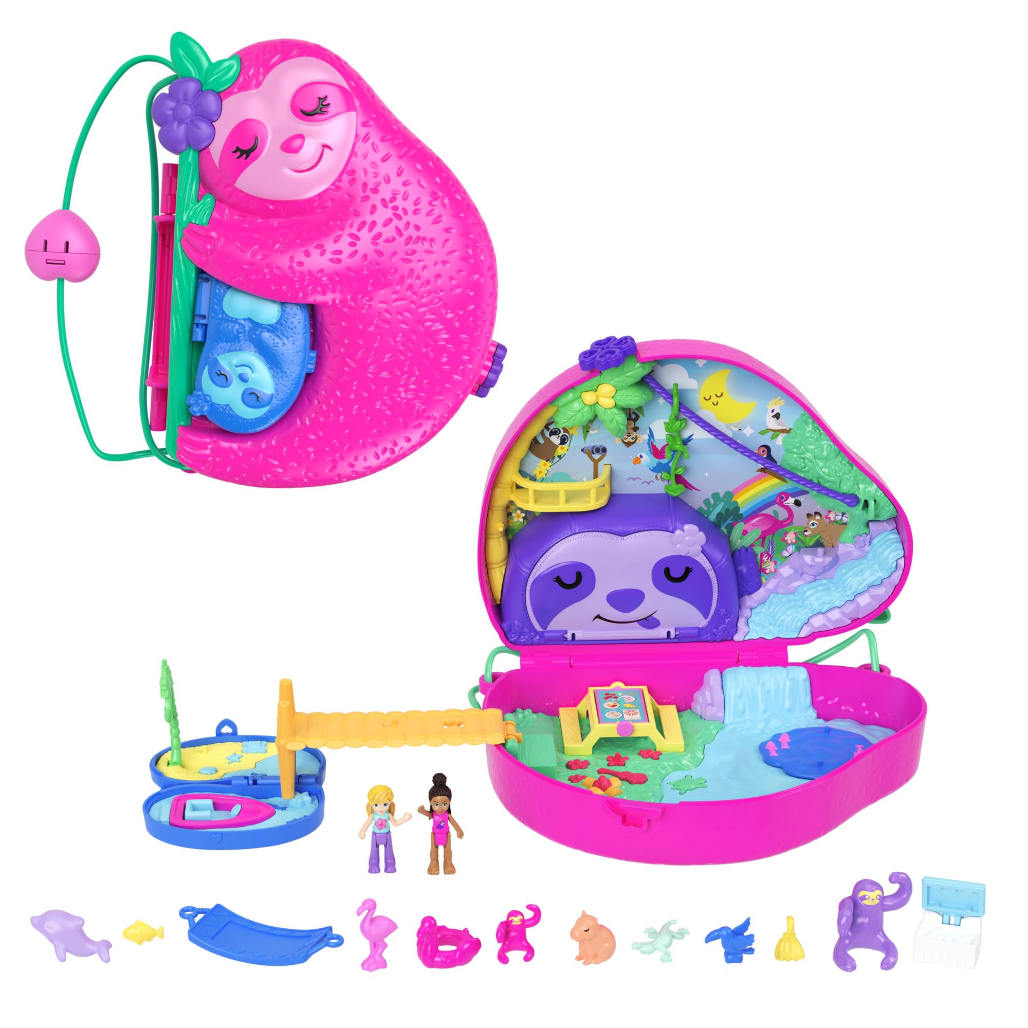 Polly Pocket Sloth 2-in-1 Purse Compact Playset with 2 Micro Dolls & 12 Accessories | Ages 4+