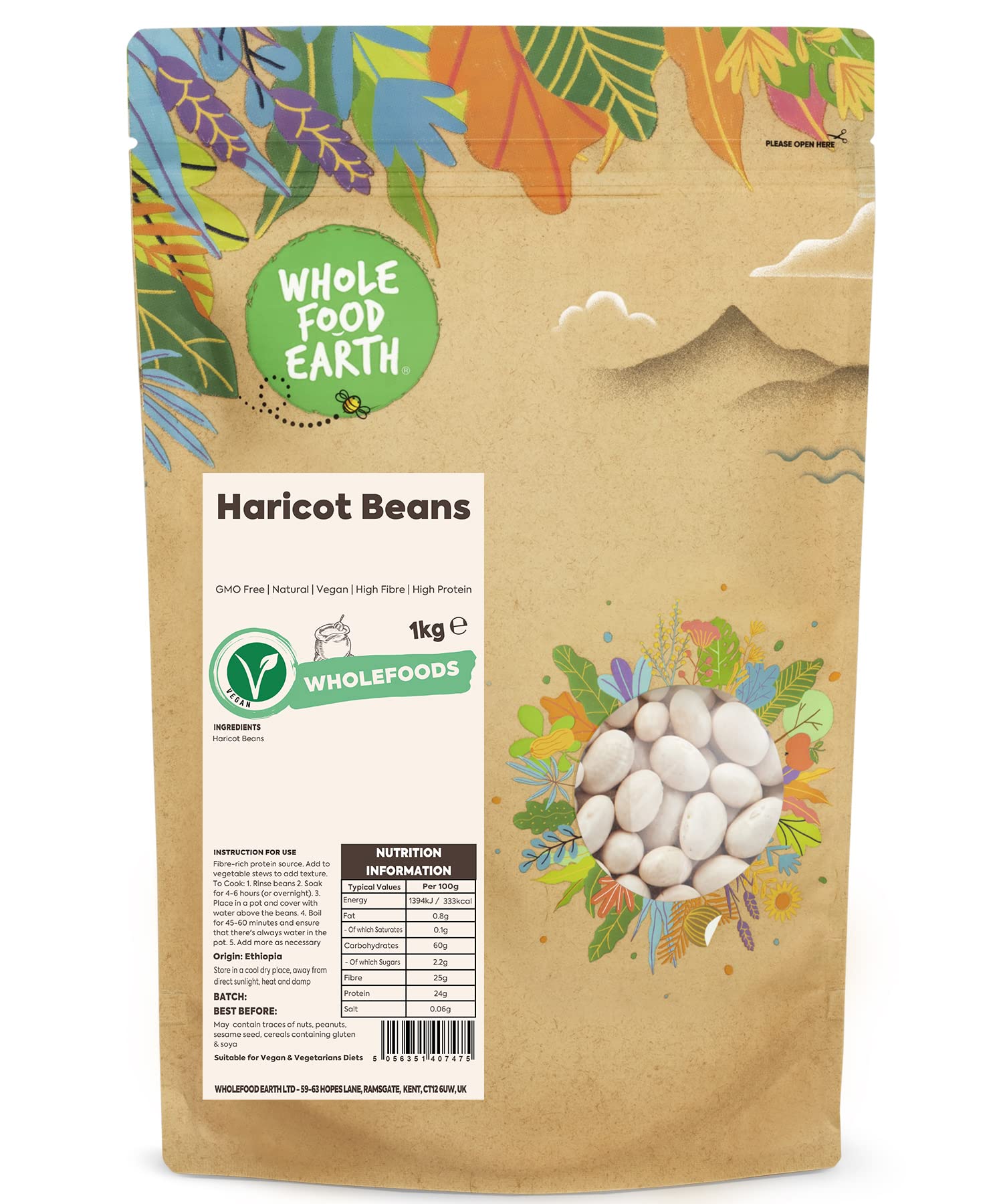 Wholefood Earth Haricot Beans 1 kg | GMO Free | Natural | High Fibre | Vegan