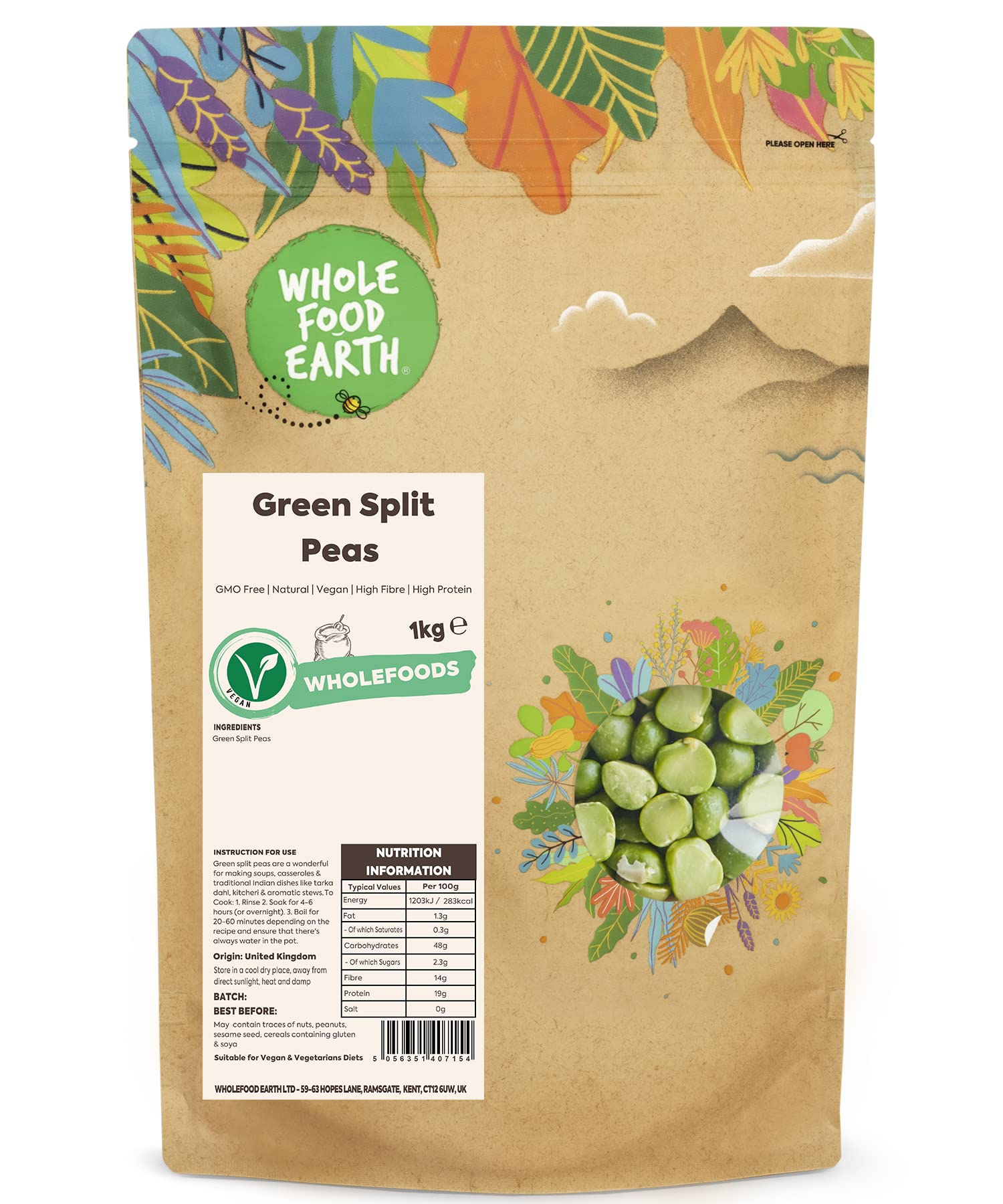 Wholefood Earth Green Split Peas - 1 kg Bag | High Fibre & Protein | GMO Free 1