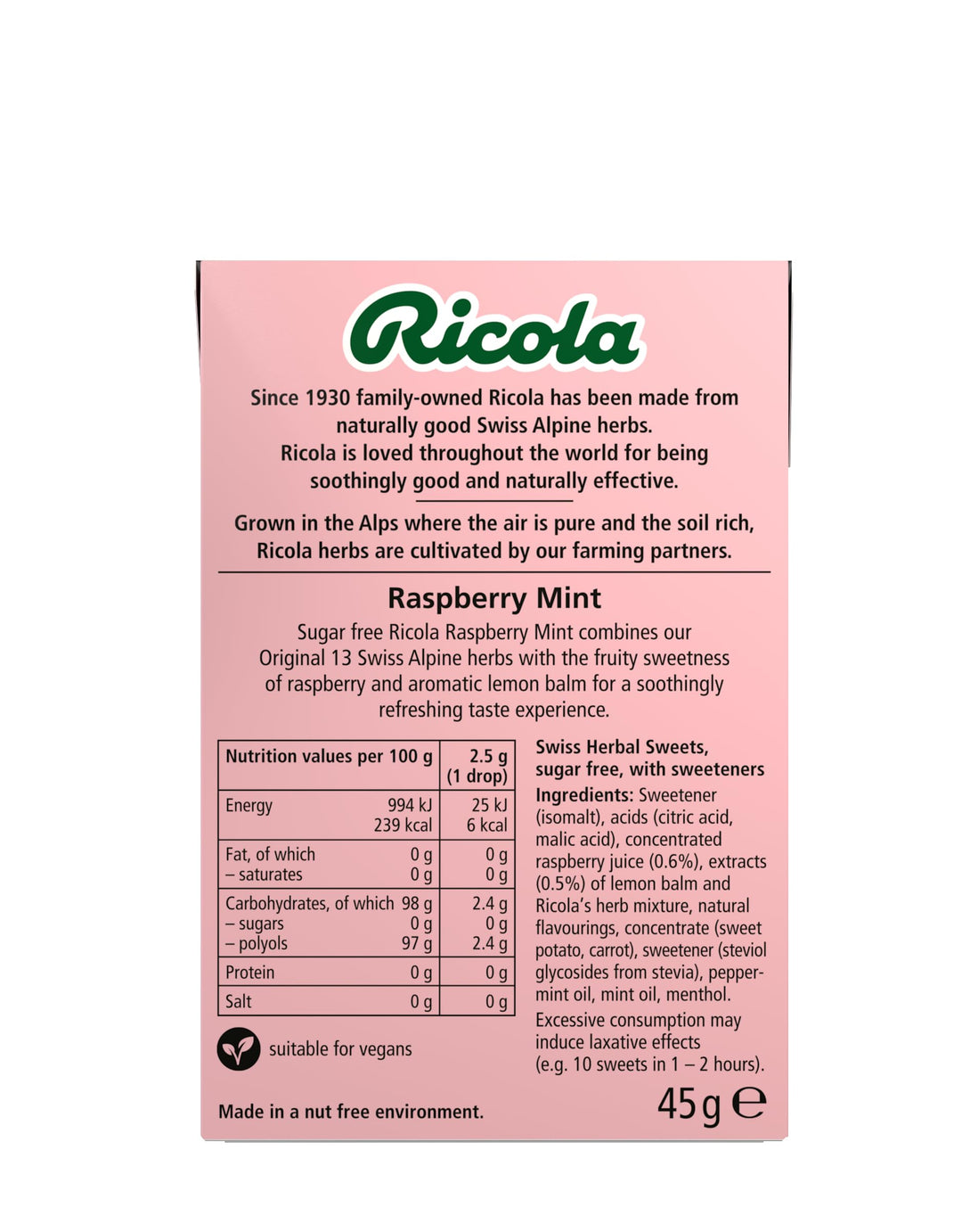 Ricola Raspberry Mint Sugar Free Herbal Sweets, 10-Pack Box (45g Each), Sweetened with Stevia, Vegan & Kosher