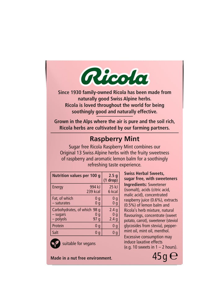 Ricola Raspberry Mint Sugar Free Herbal Sweets, 10-Pack Box (45g Each), Sweetened with Stevia, Vegan & Kosher