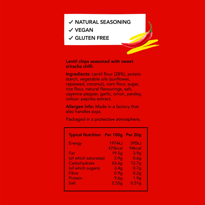 PROPER - Lentil Chips Sweet Sriracha Chilli Vegan Gluten Free Snacks 20 Pack