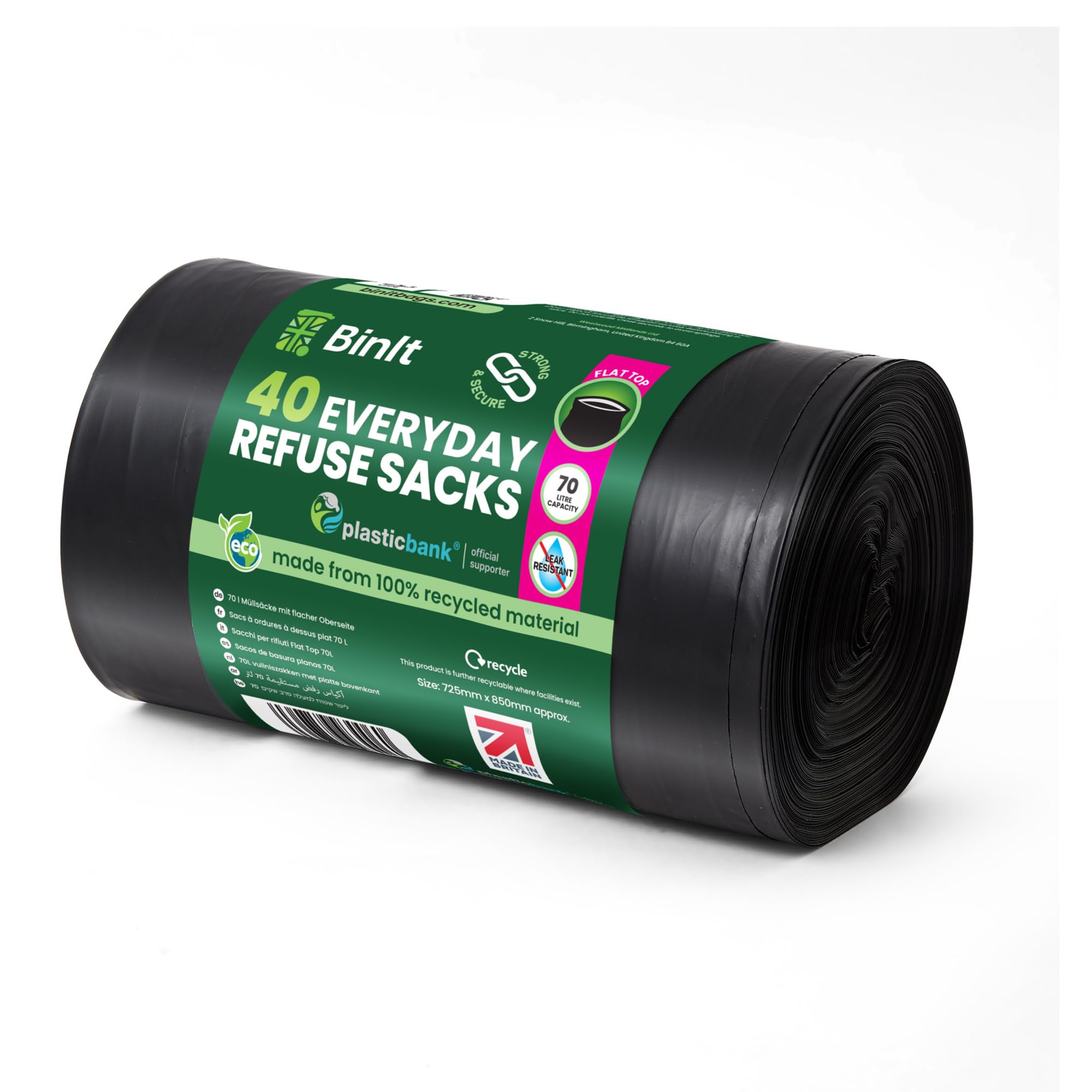 BIN IT Everyday Refuse Sacks - 40 Count, 70L, Black, Recycled LDPE | Tear Resistant