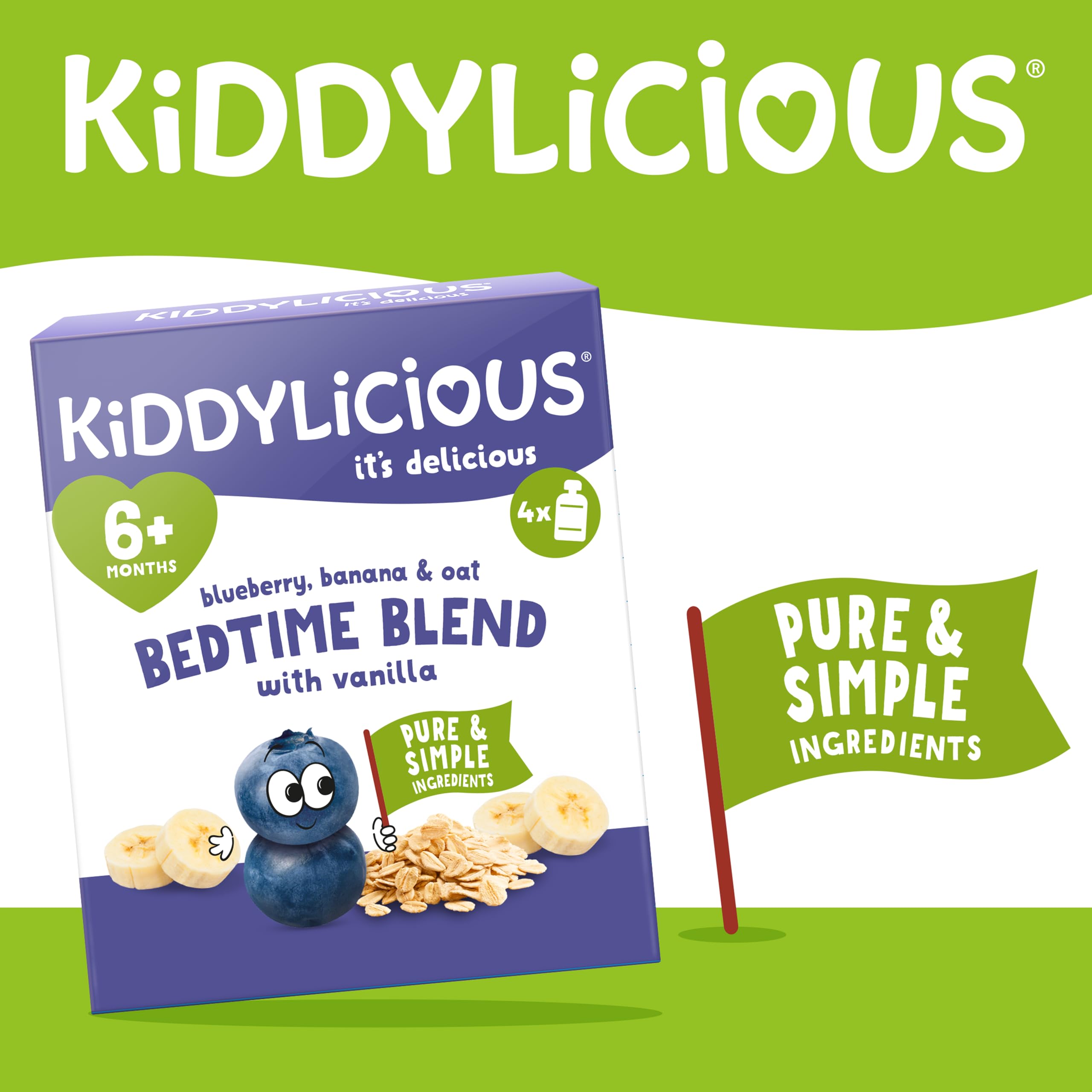Kiddylicious Bedtime Blend Blueberry, Banana & Oat Pouches - Smooth Blend | 12 x 100g Pouches